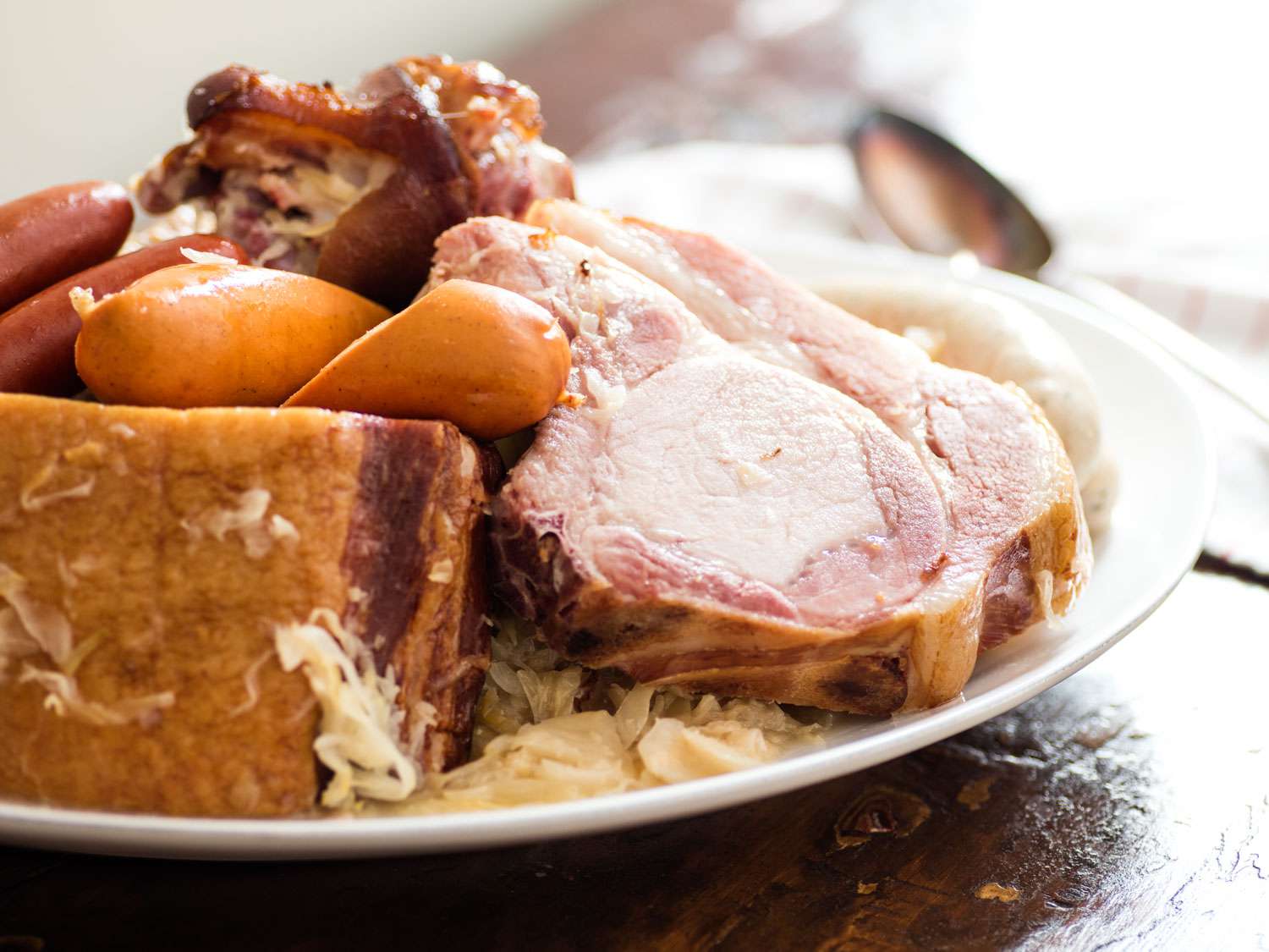 Close-up of the finished dish, this time dominated by the slab bacon and smoked pork chops.