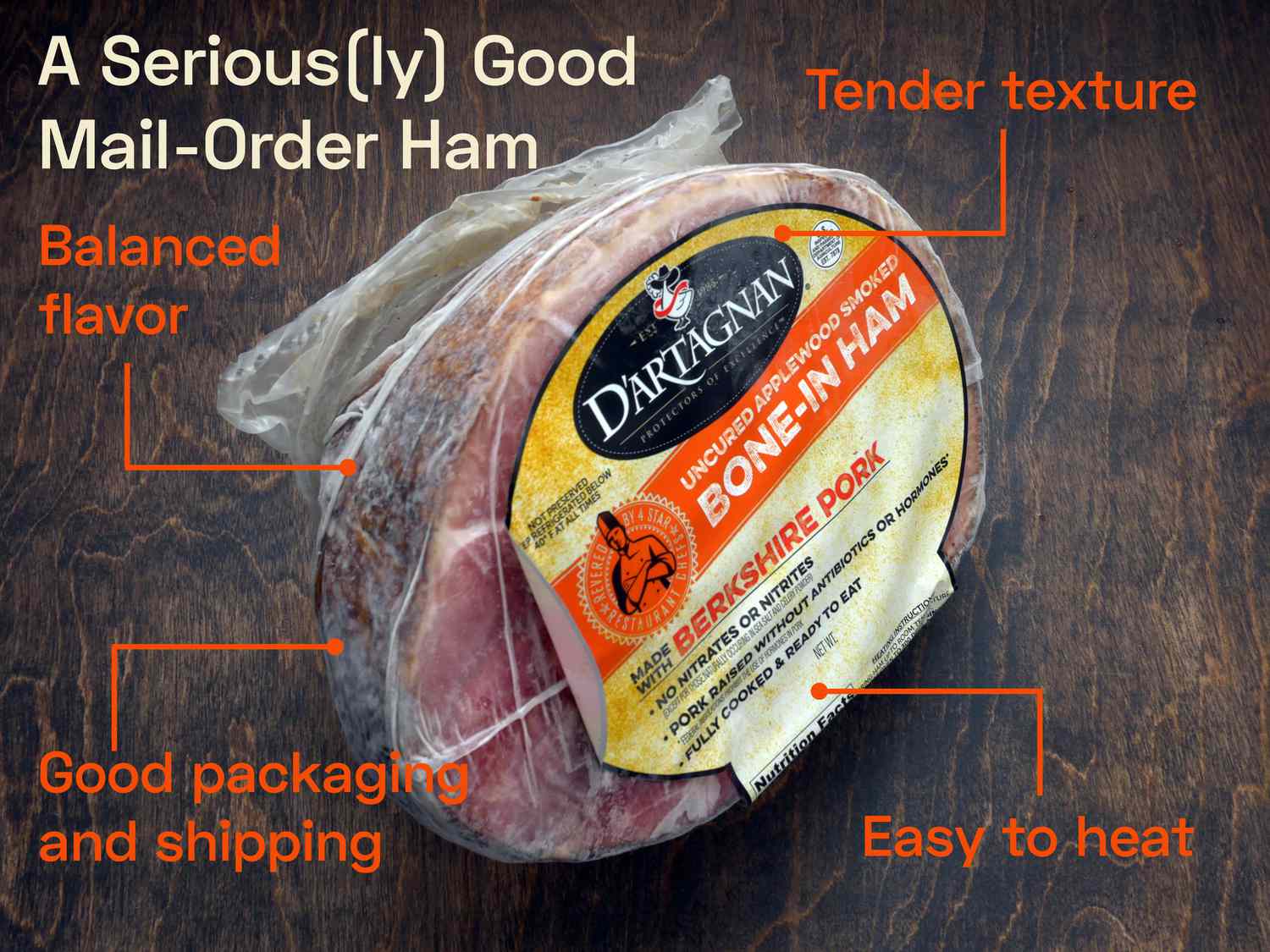 the dartagnan ham wrapped on a wooden surface with captions: balanced flavor, tender texture, easy to heat, good packaging and shipping