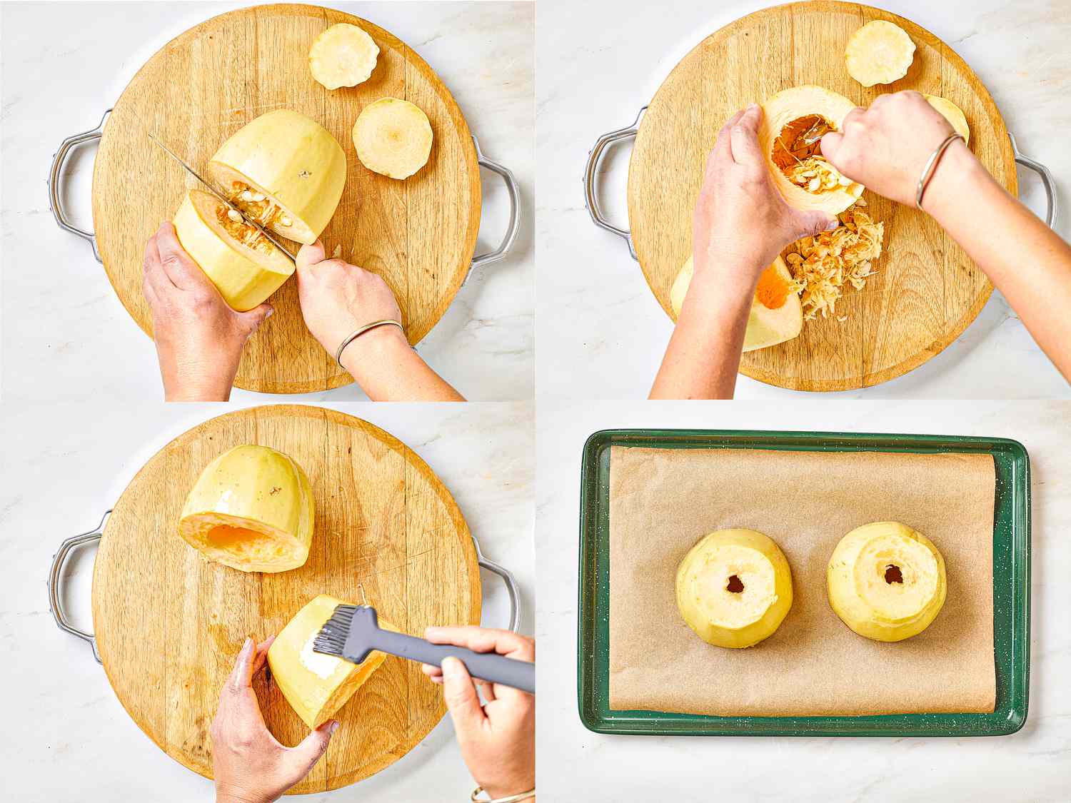 Four image collage of cutting squash in half, scooping out seeds, brushing with oil and putting on baking sheet