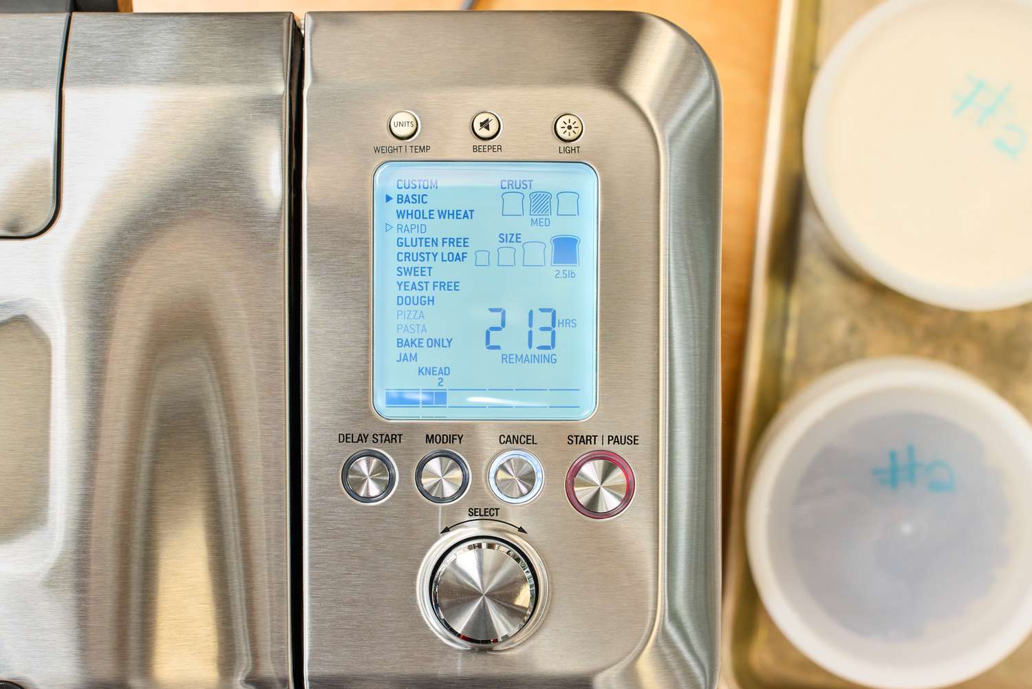 A close-up of the display panel of the Breville Custom Loaf Bread Maker