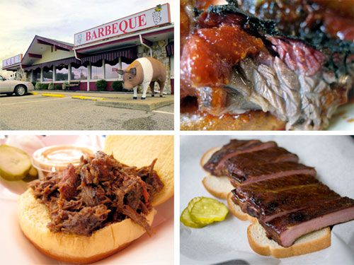 A collage of a barbecue restaurant and different types of barbecue. 
