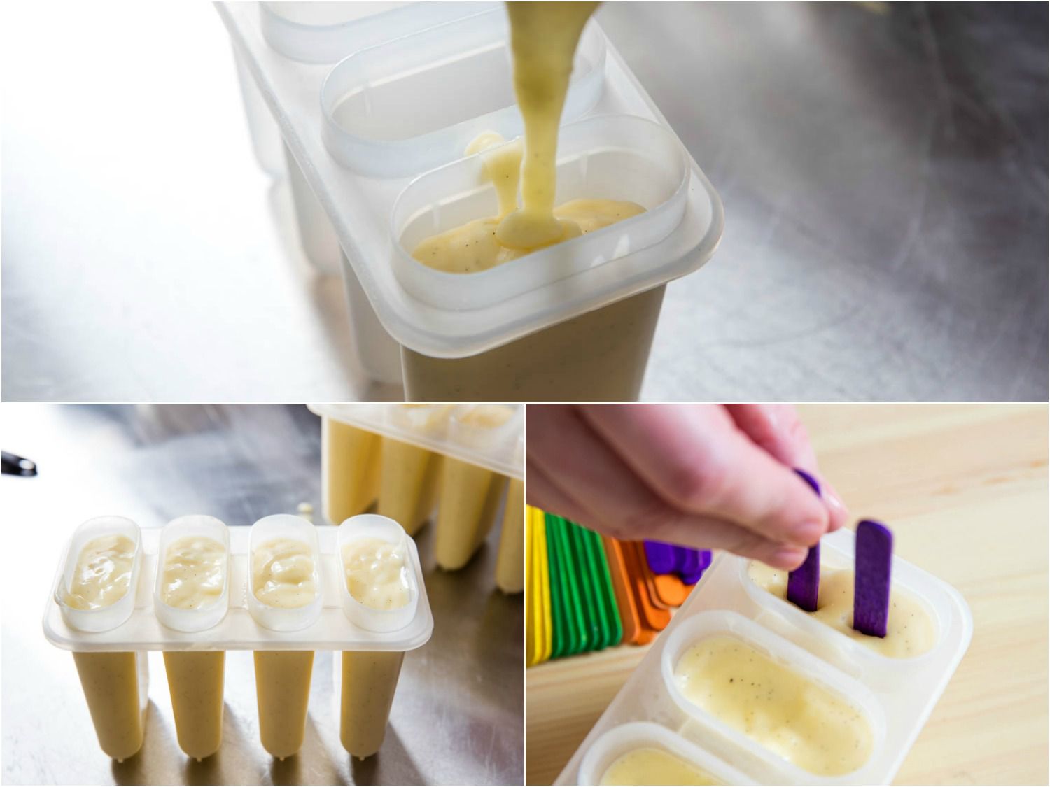 Collage of pouring the pudding base into a popsicle mold and adding popsicle sticks.
