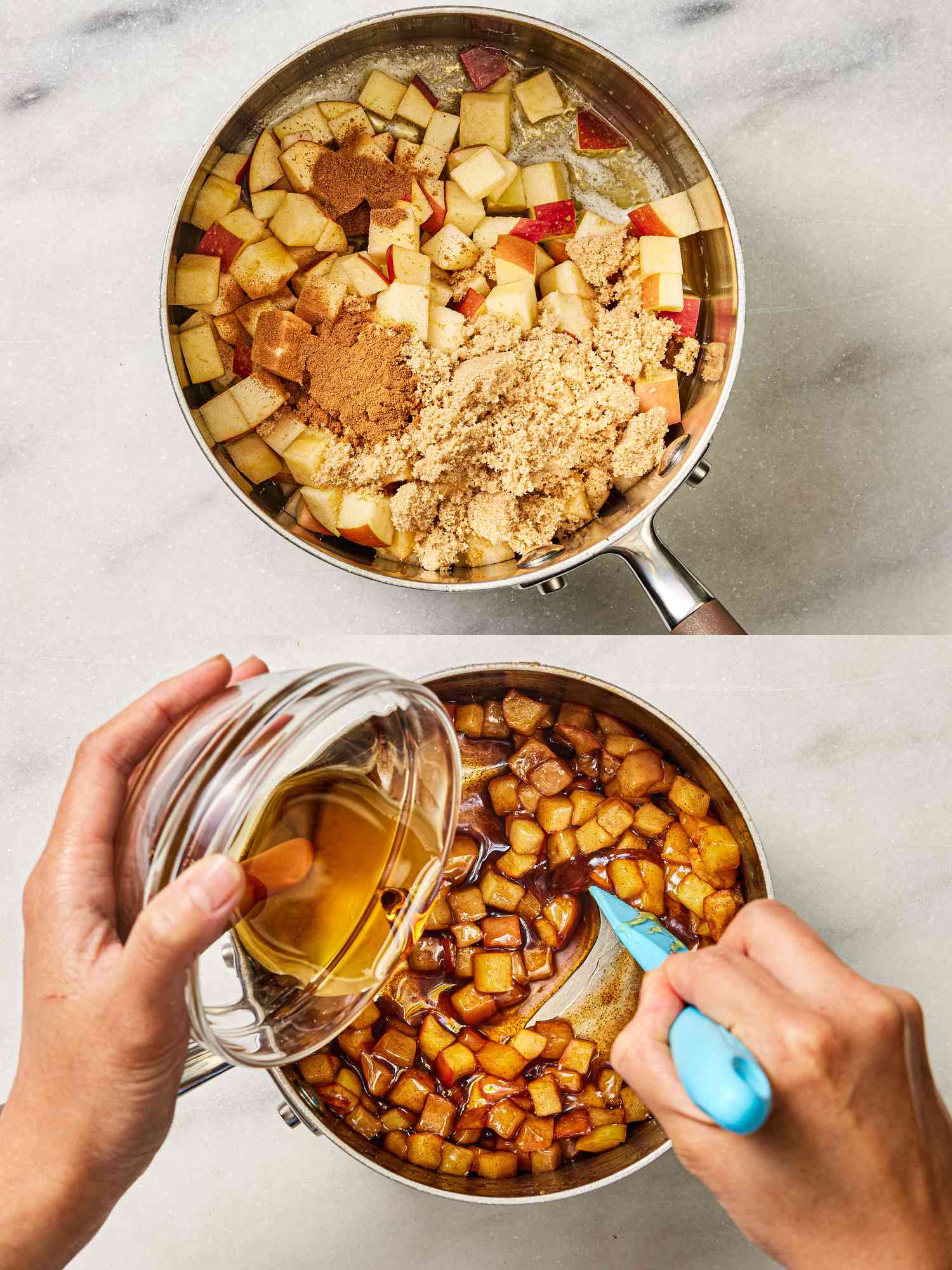 2 image collage. Top: Apple, spices, and sugar in a saucepan on a marbled surface. Bottom: Stirring maple surface into apple mixture in saucepan