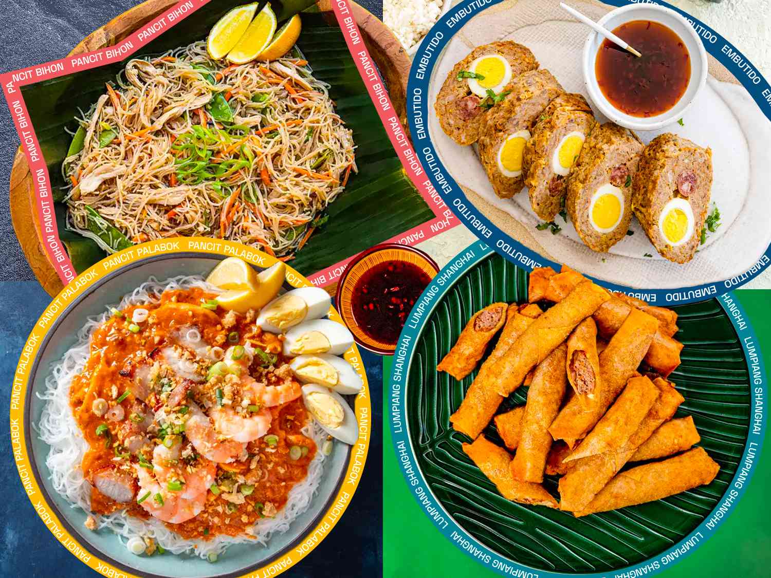 A collage of Filipino festival dishes with graphic overlays of each dish's name