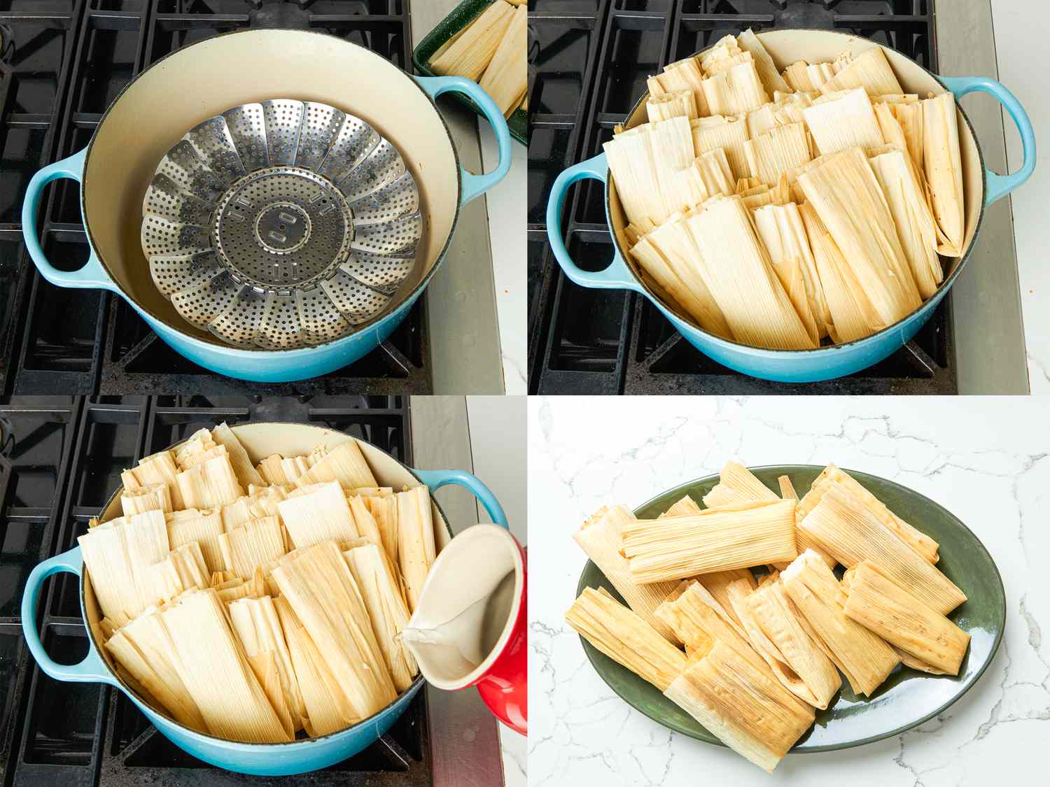 Four image collage of steaming tamales