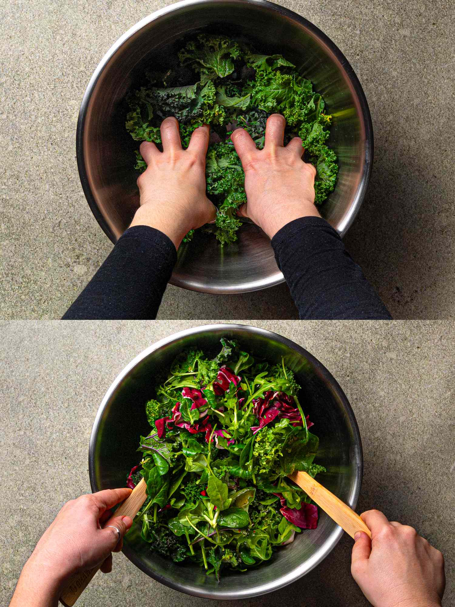Two images show mixing greens in a metal bowl top image with bare hands and bottom using wooden tongs