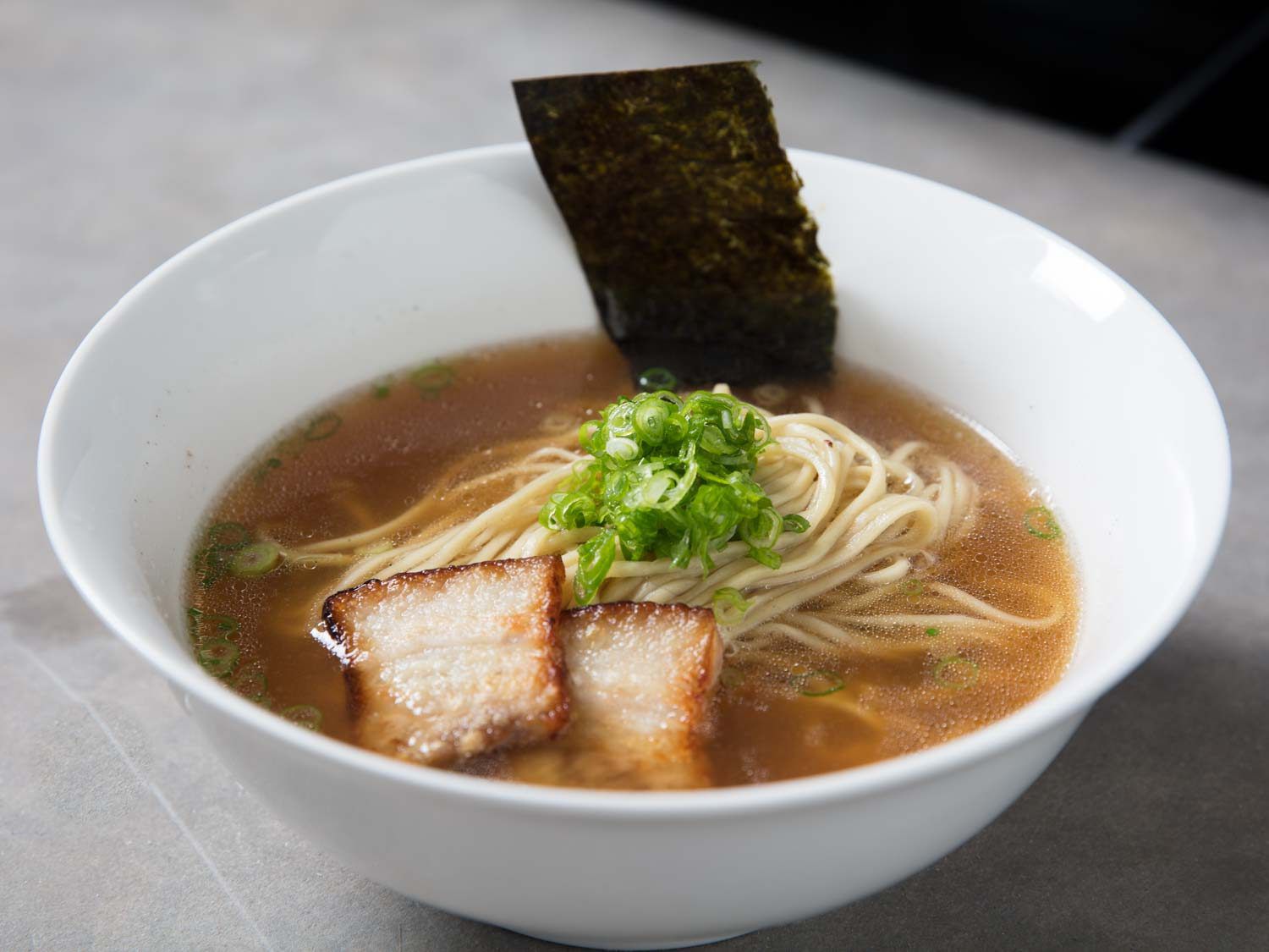 Side view of a "minimalist" bowl of homemade chintan shoyu ramen