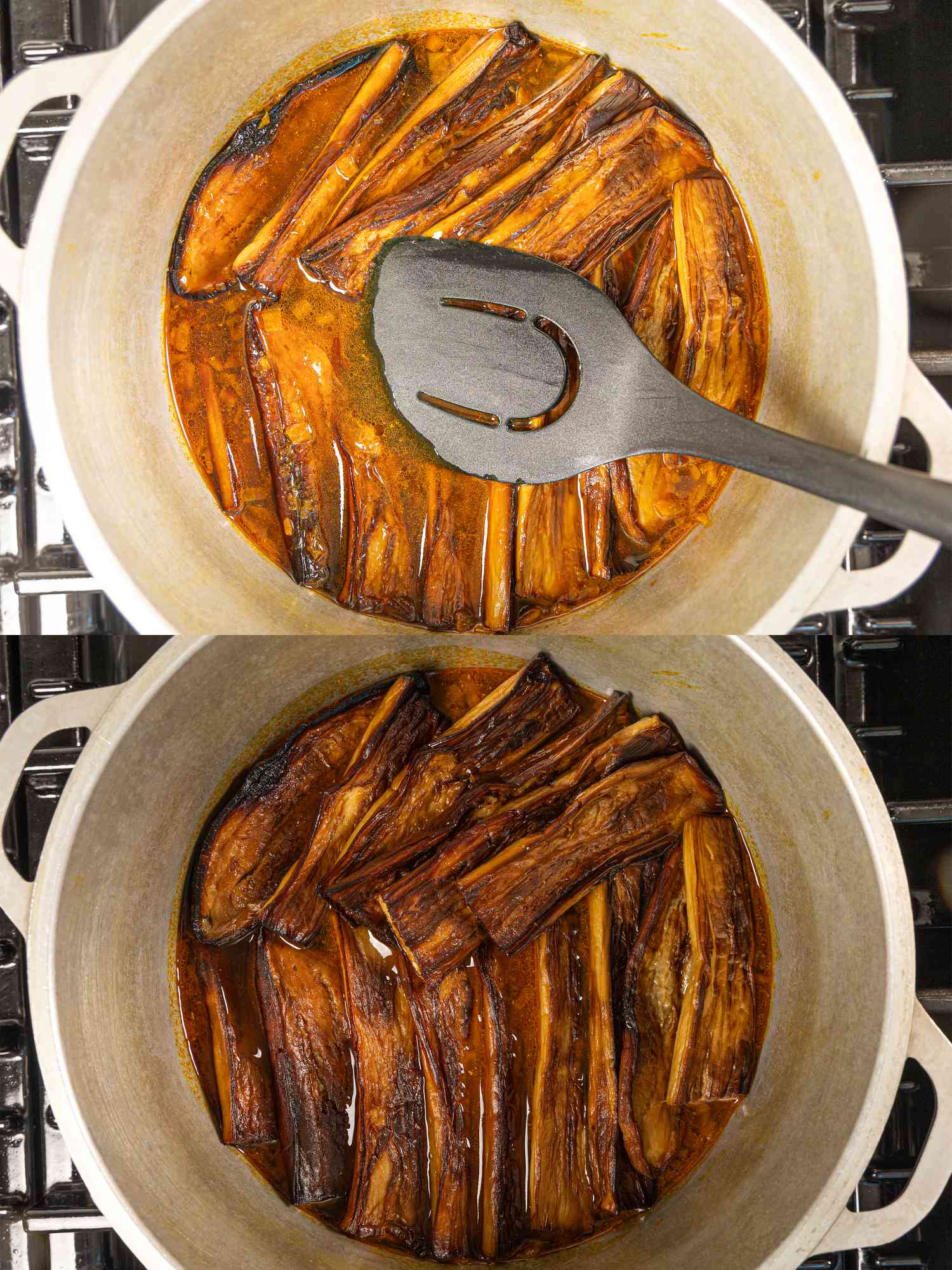 Two image collage of eggplants added to pot arranged neatly on top of meat and cooked through