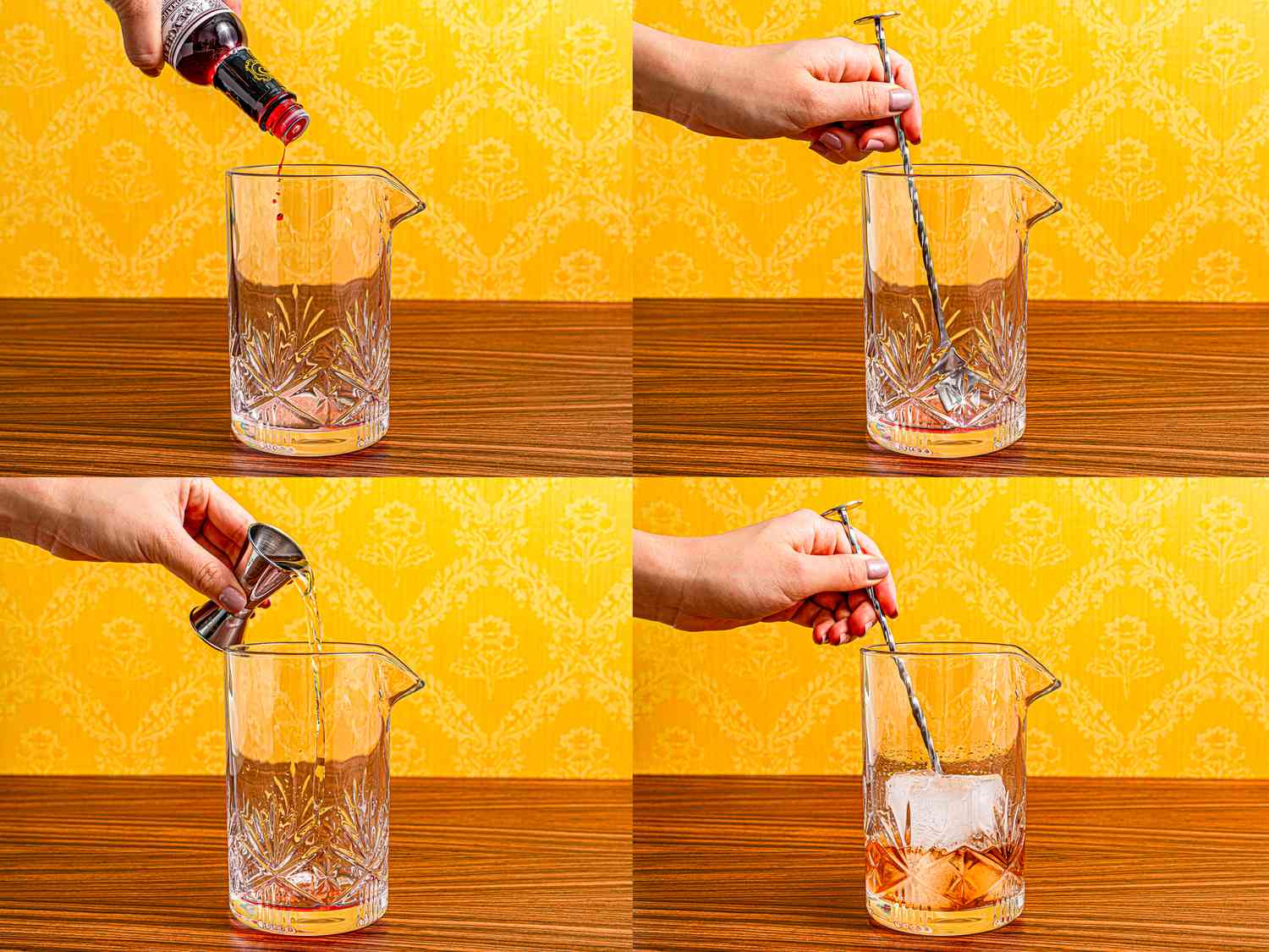 Four image collage of mixing bitters, sugar, rye and ice 