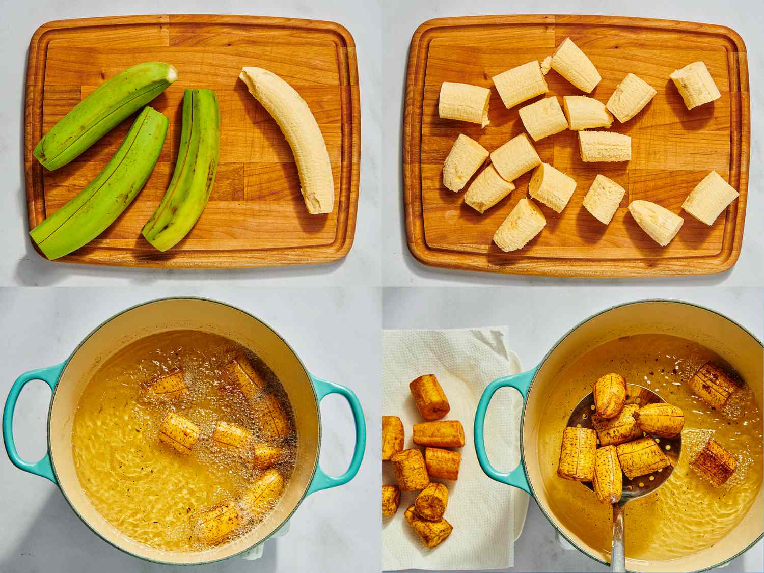 4 image collage. Top left: Plantains on wooden cutting board with the edges cut off. Top Right: Plantains cut into 2 inch chunks on a wooden cutting board. Bottom Left: Half the plantains frying in a dutch oven. Bottom Right: Pulling plantains out of dutch oven and placing them onto a paper toel lined plate. 