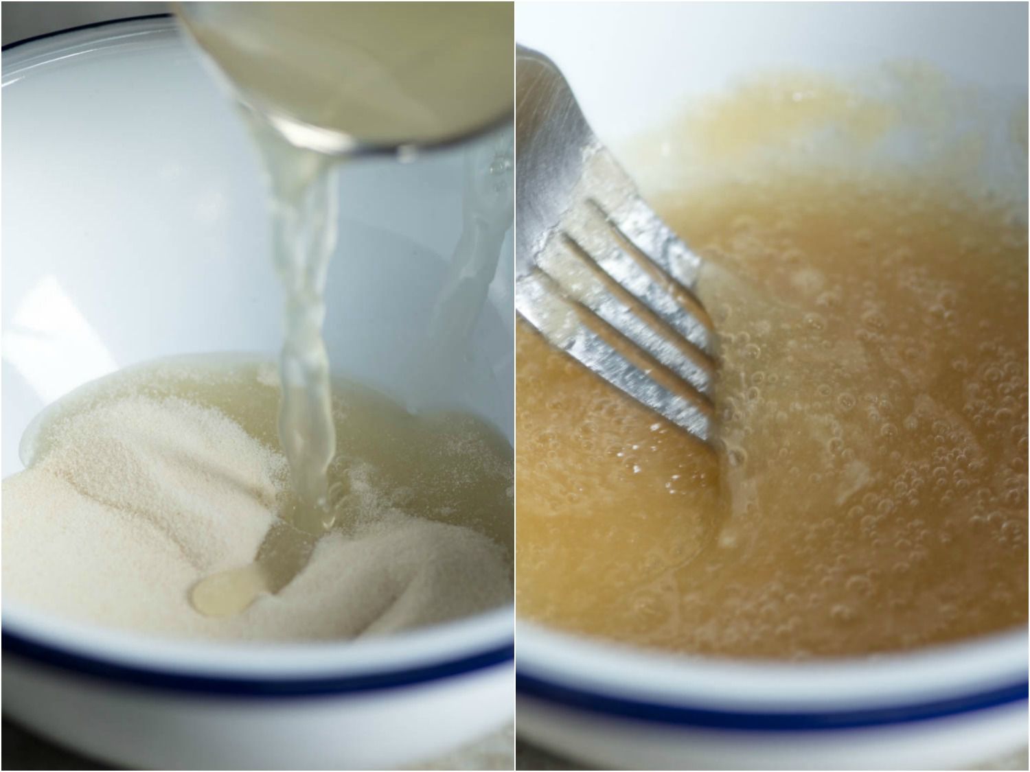 A collage: adding chicken stock to gelatin in a bowl and the mixture congeals.