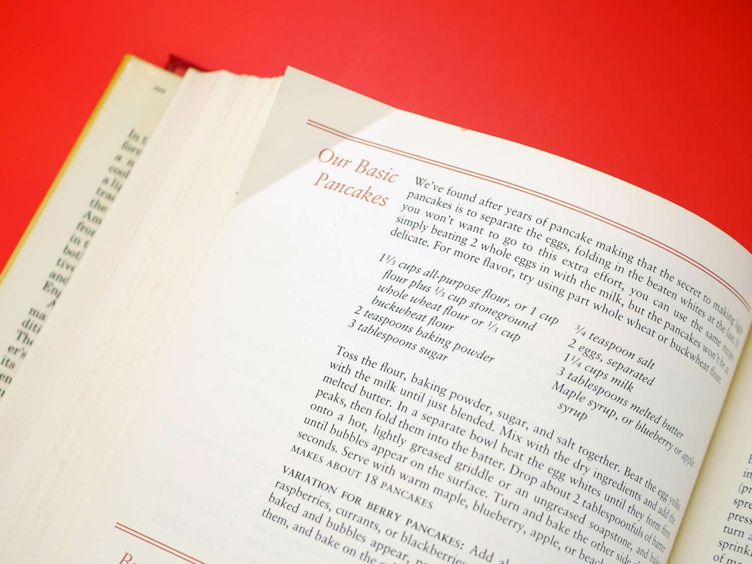 a closeup of the basic pancakes recipe in the ll bean cookbook