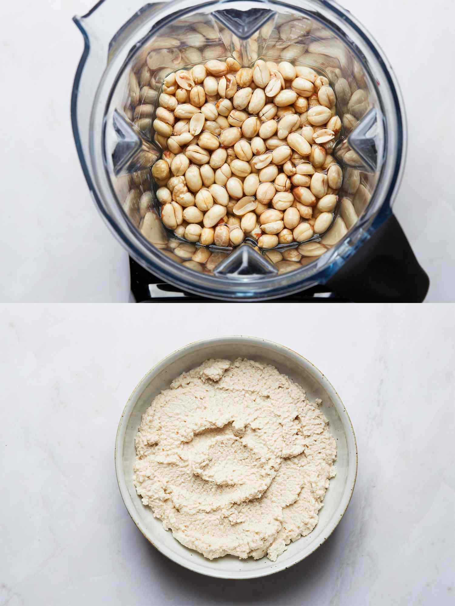 Overhead view of creating peanut paste