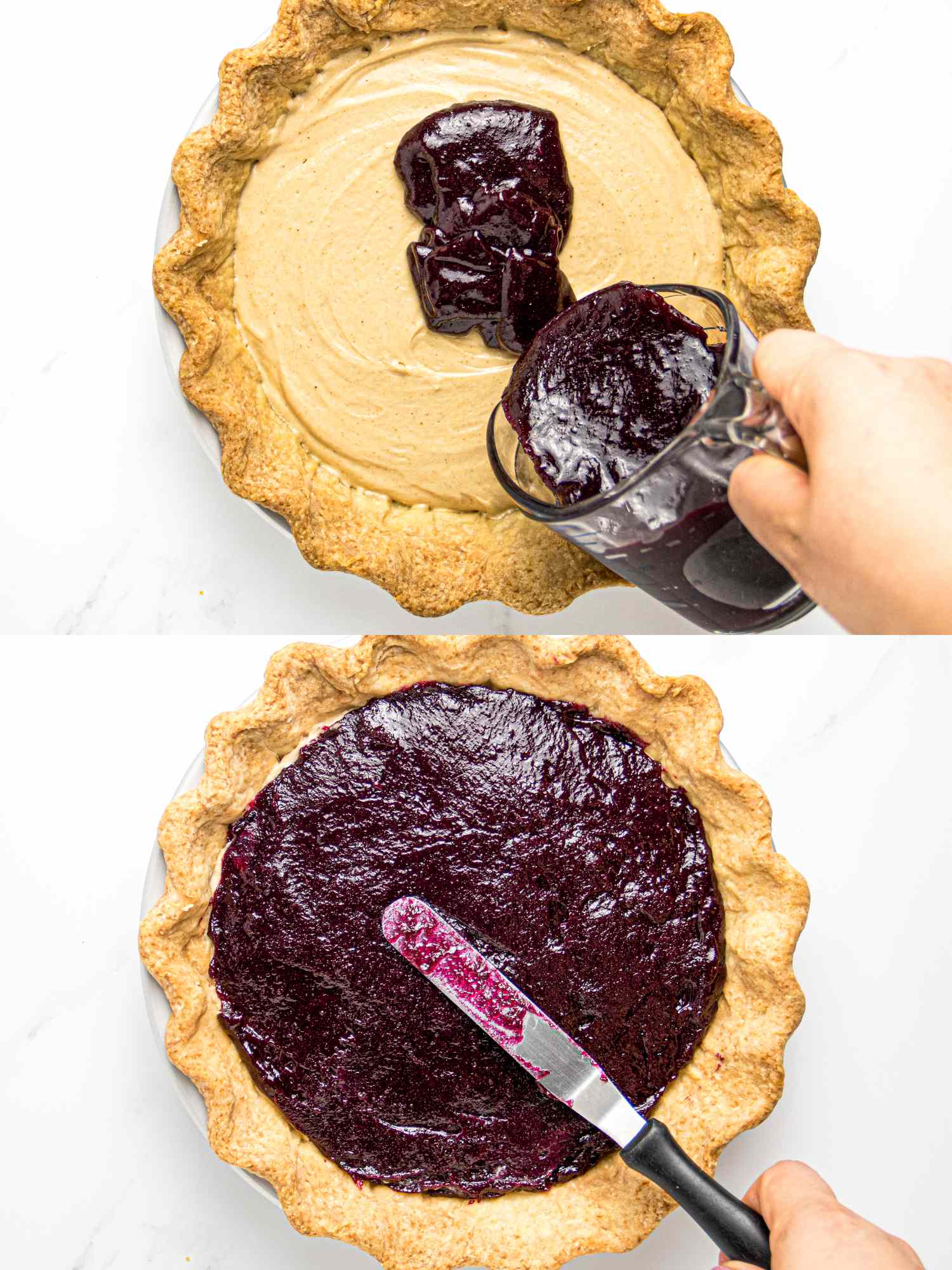 Making a peanut butter and jelly pie jelly being spread over the peanut butter layer in a pie crust