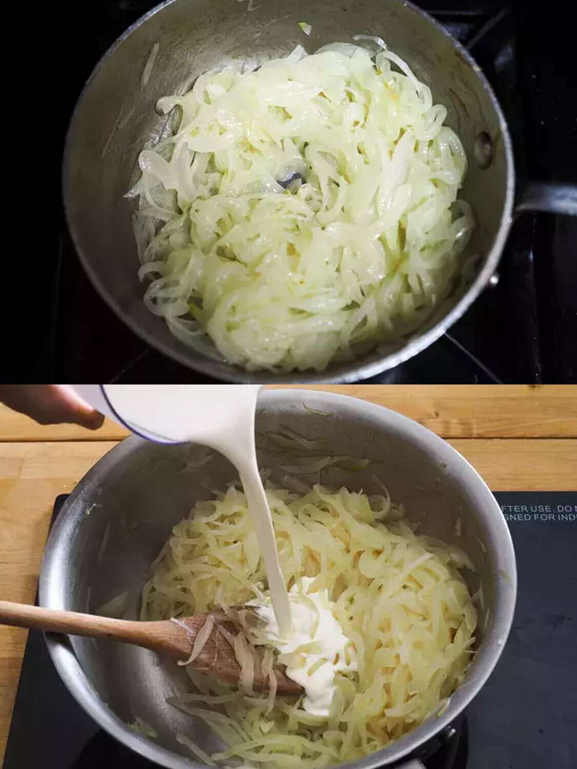 A two-image collage. The top image shows a stainless steel saucepan holding lightly golden soft onions, and the bottom image shows the onions still in the pan with heavy cream being poured in.