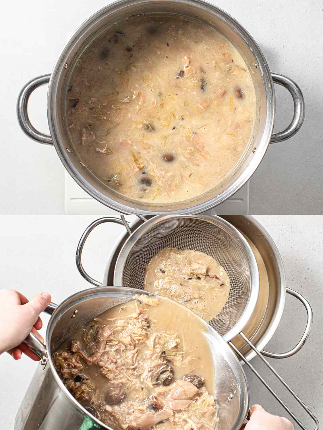 A two-image collage. The top image shows the broth reduced to around three quarts inside of the pot. The bottom image shows the broth being strained through a fine-mesh strainer into another pot.