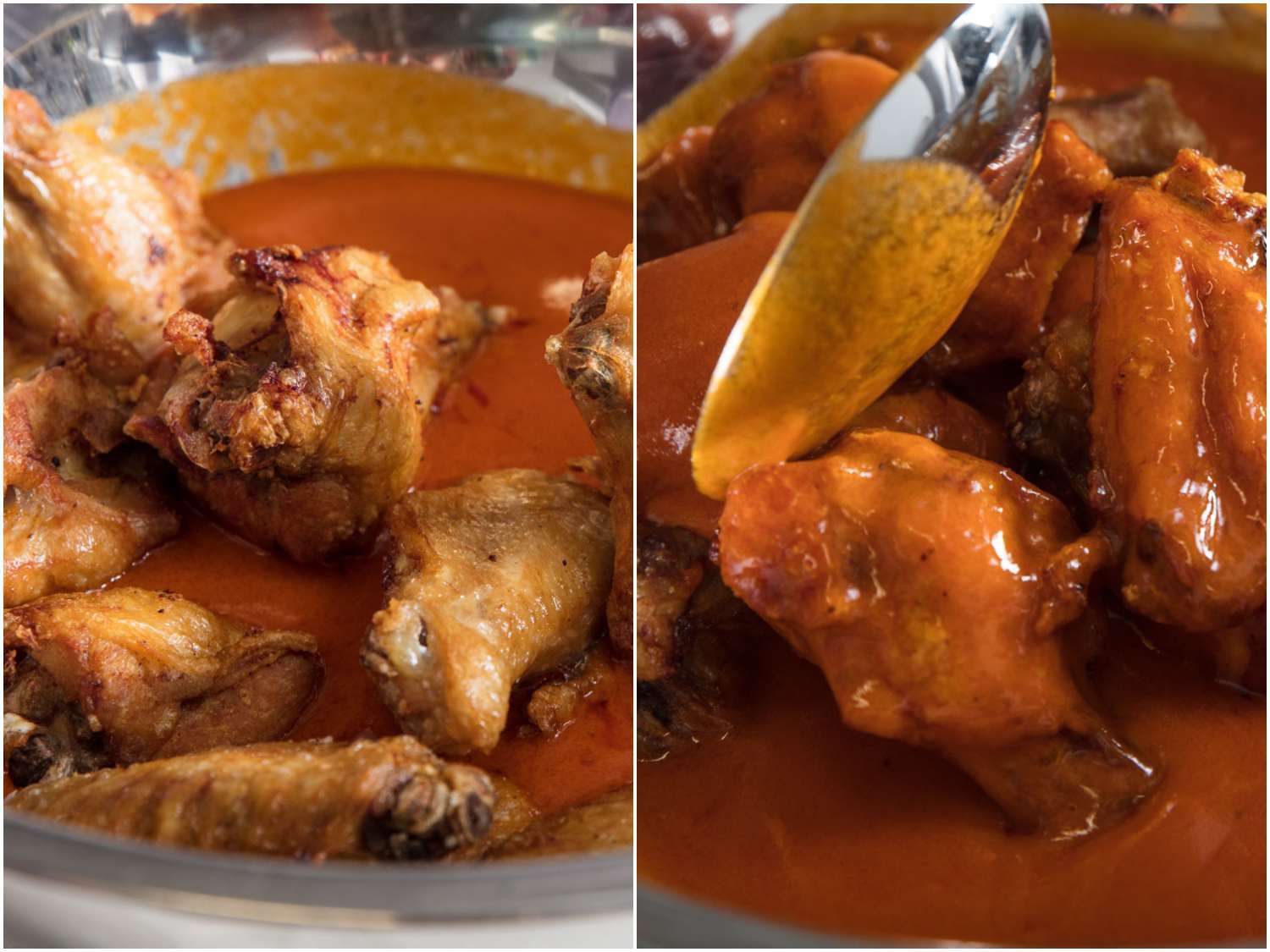 A 2-image collage of tossing sous vide wings in Buffalo sauce.