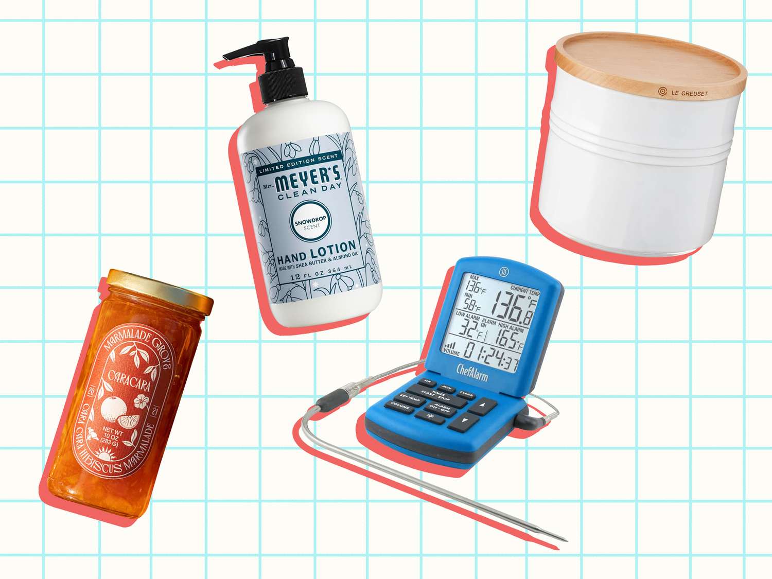 Assorted kitchen and household items including hand lotion a jar of honey a storage container and a digital cooking thermometer