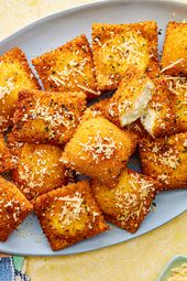 Overhead view of toasted ravioli on a plate