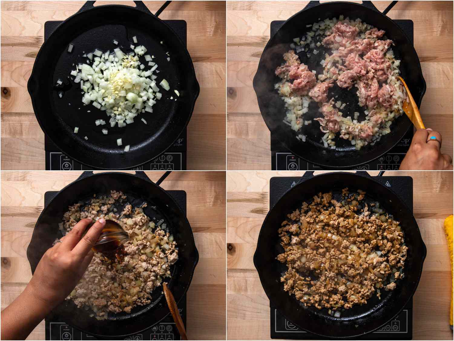 collage: onions and garlic cooking; ground pork added; soy sauce being poured in; everything mixed, combined, and browned