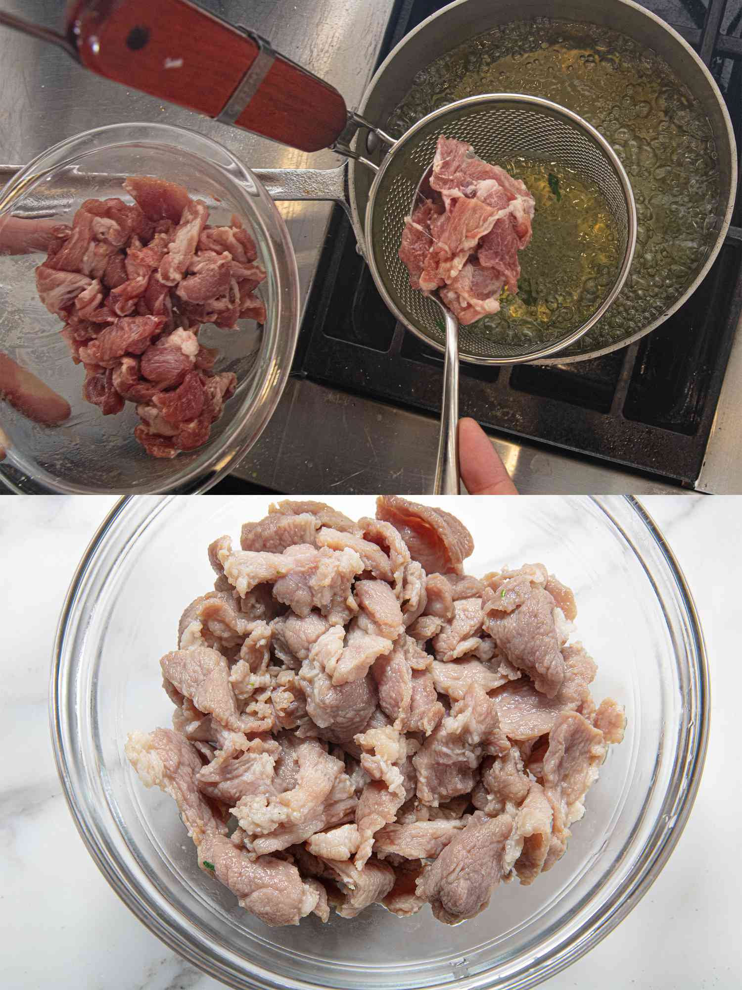 Overhead view of cooking pork and pork in bowl