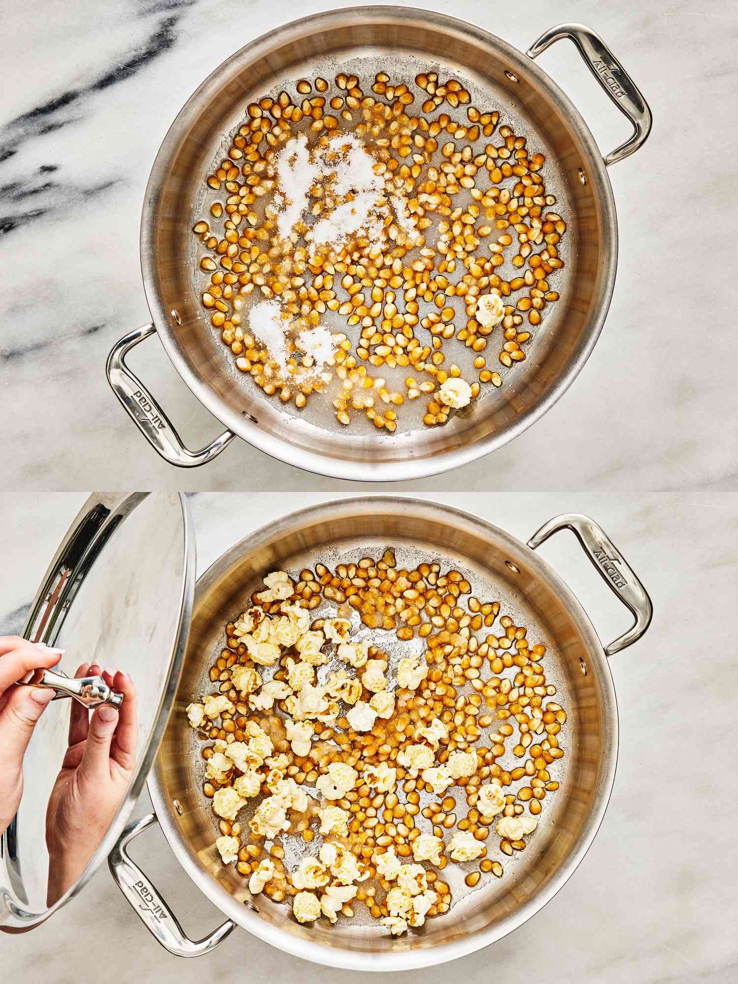 2 image collage. Top: kernels in pot with salt and sugar added. Bottom: popcorn kernels in pot with a few kernels popped. Lid of pot is help over the side of the pot 