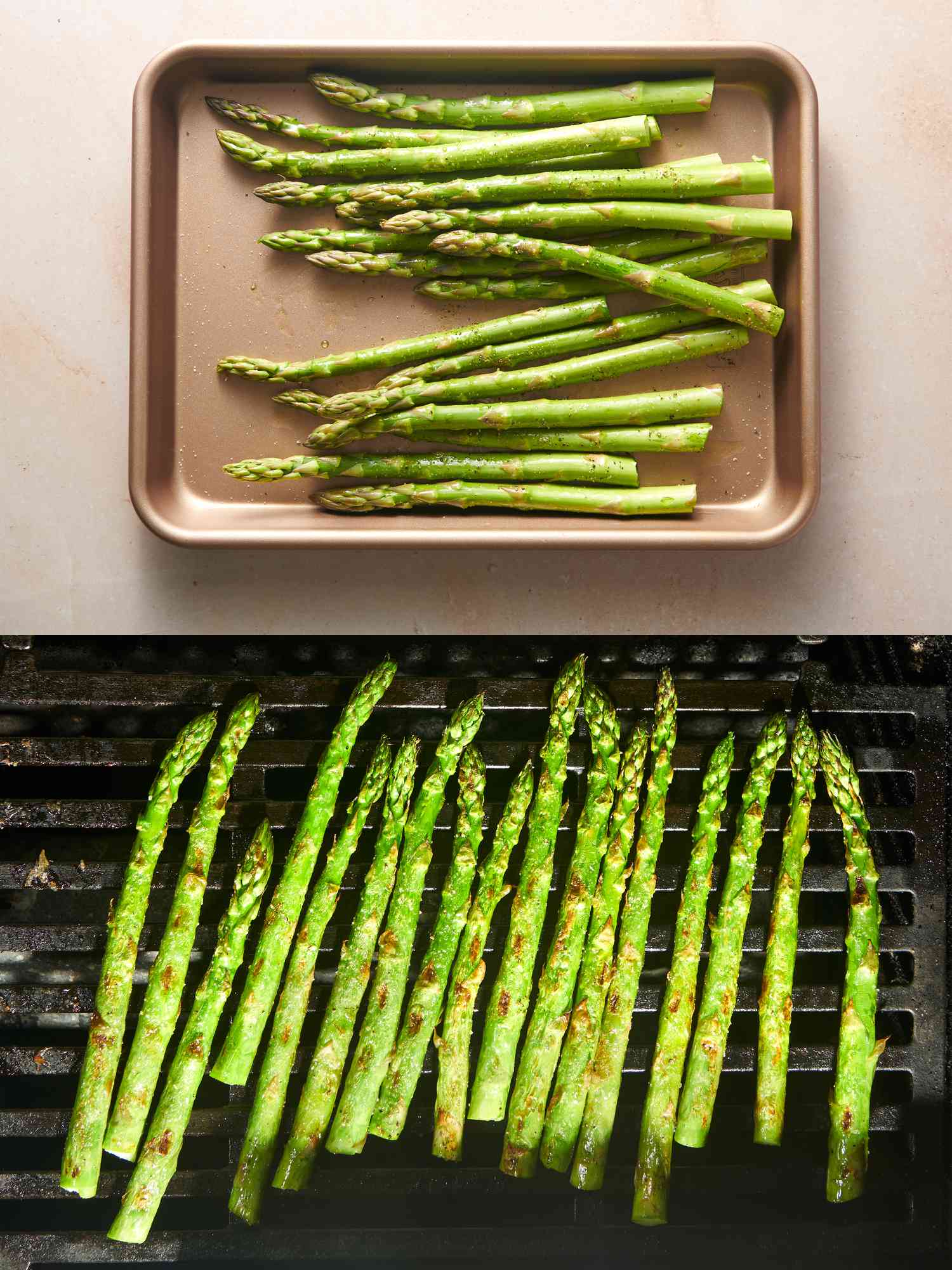 A two photo collage, top is asparagus tossed with 2 tablespoon of olive oil and seasoned with salt and pepper, the bottom photo is well-charred asparagus on grill.