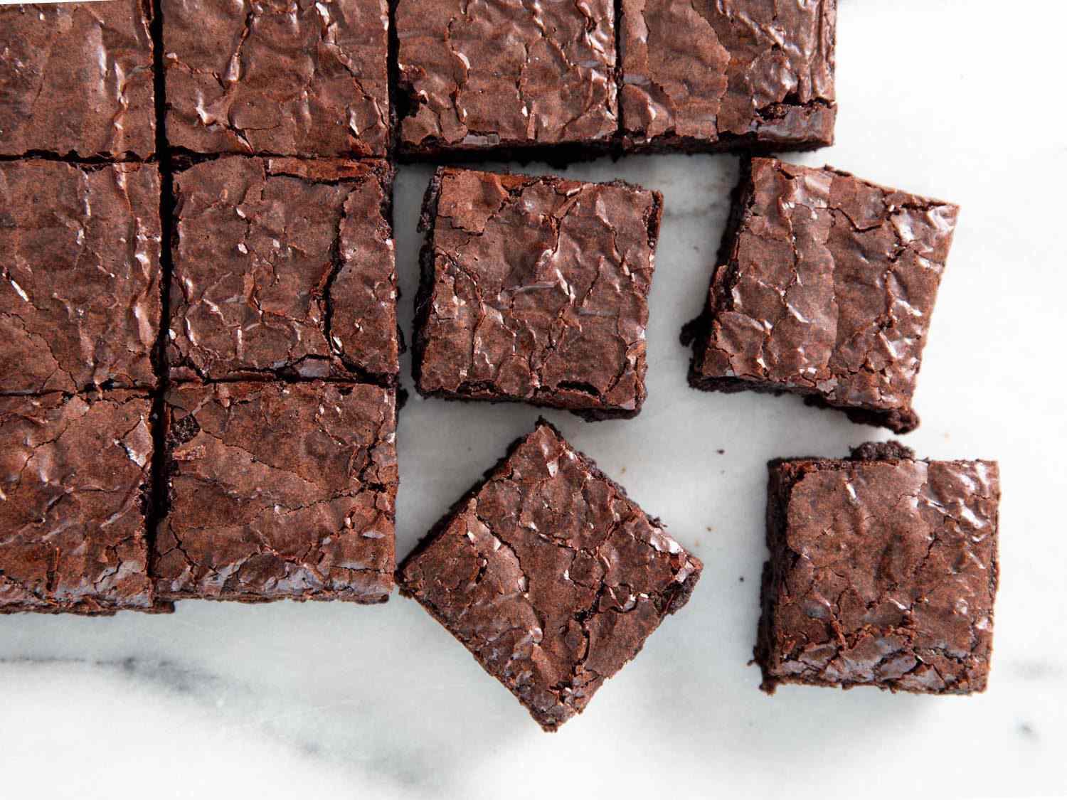 Cut squares of brownies baked from homemade mix