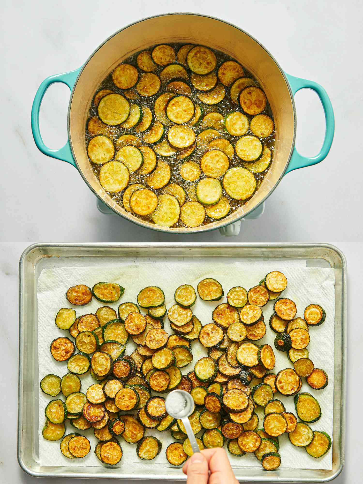 2 image collage. Top: zucchini frying in dutch oven. Bottom: zuchinni laid out on paper-towel lined sheet pan with salt being shook on them 