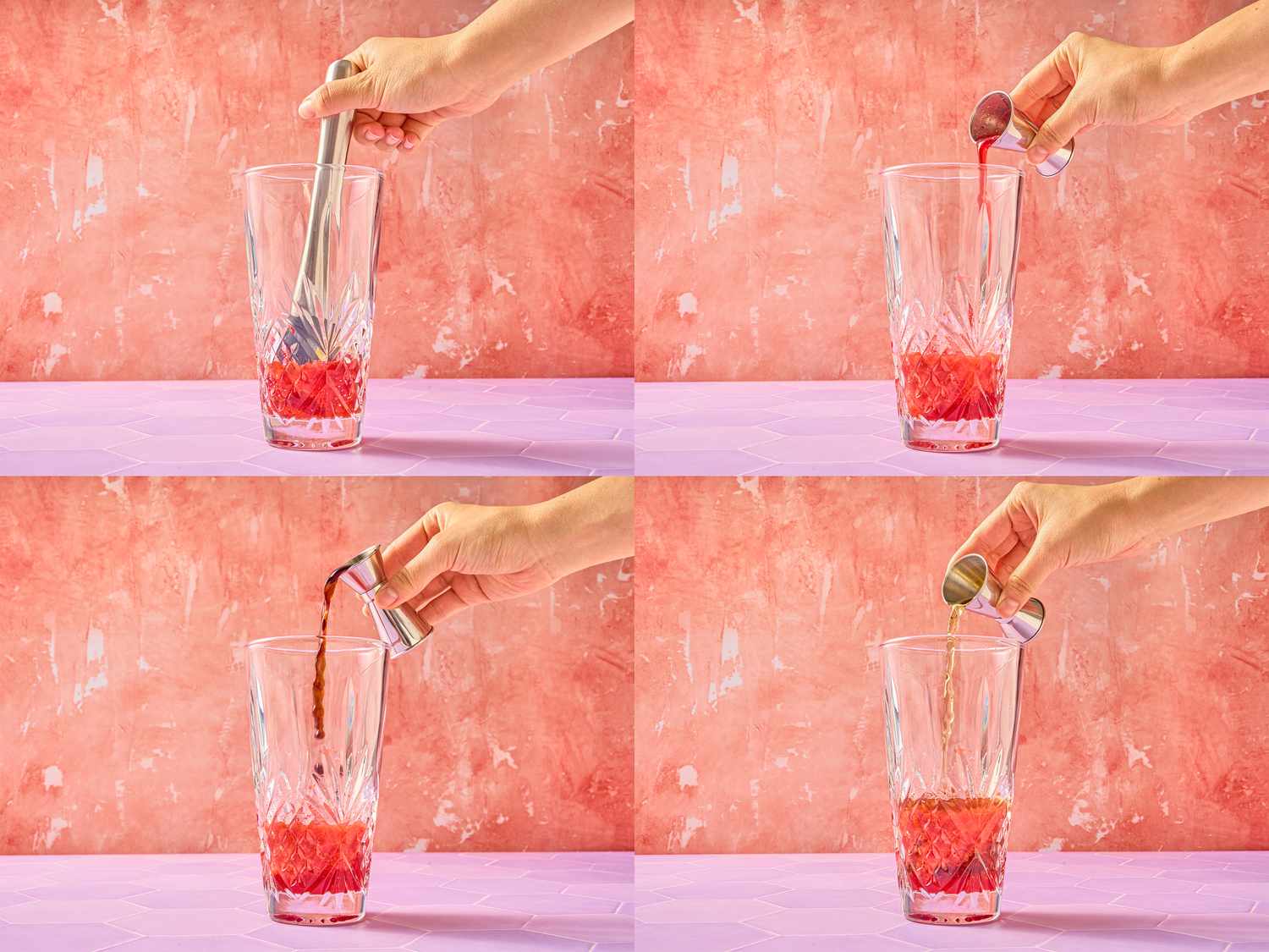 Stepbystep preparation of a drink with a clear glass on a pink background showing mixing and addition of ingredients