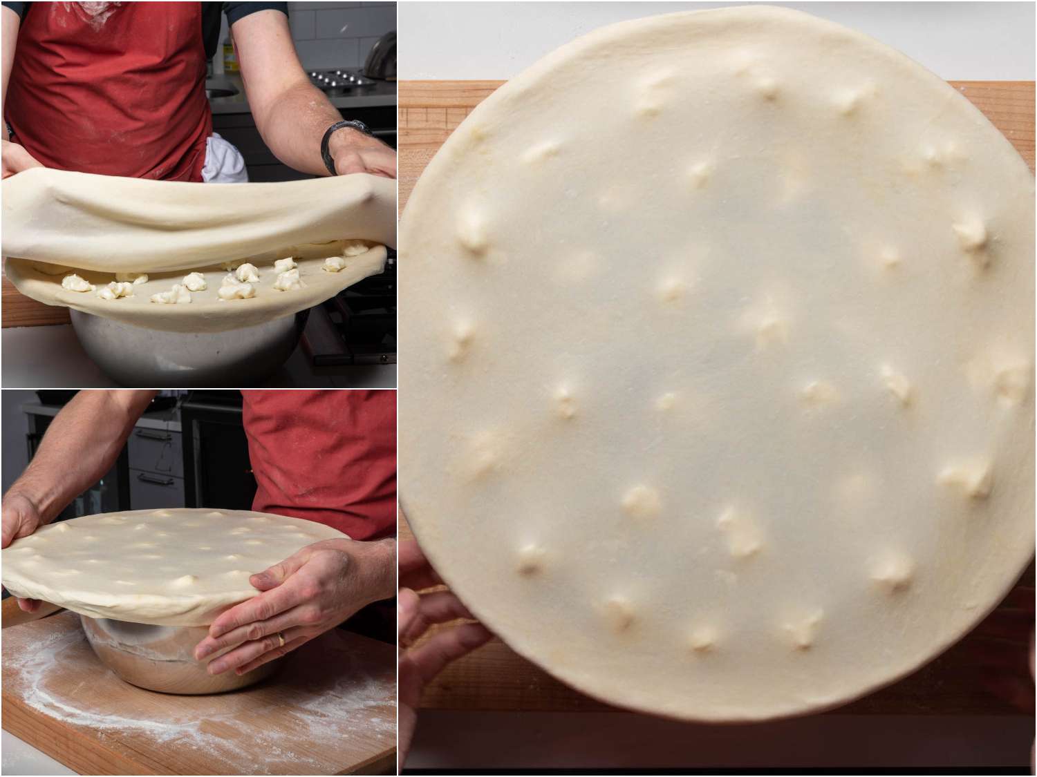 Stretching second portion of dough over stracchino-topped dough