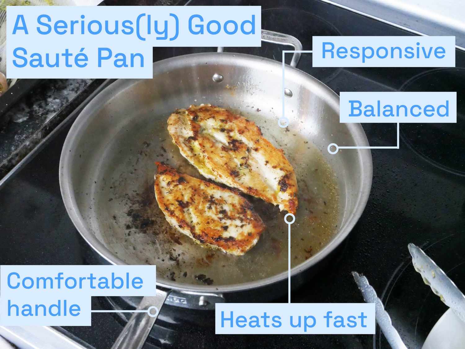 a saute pan with two seared chicken cutlets