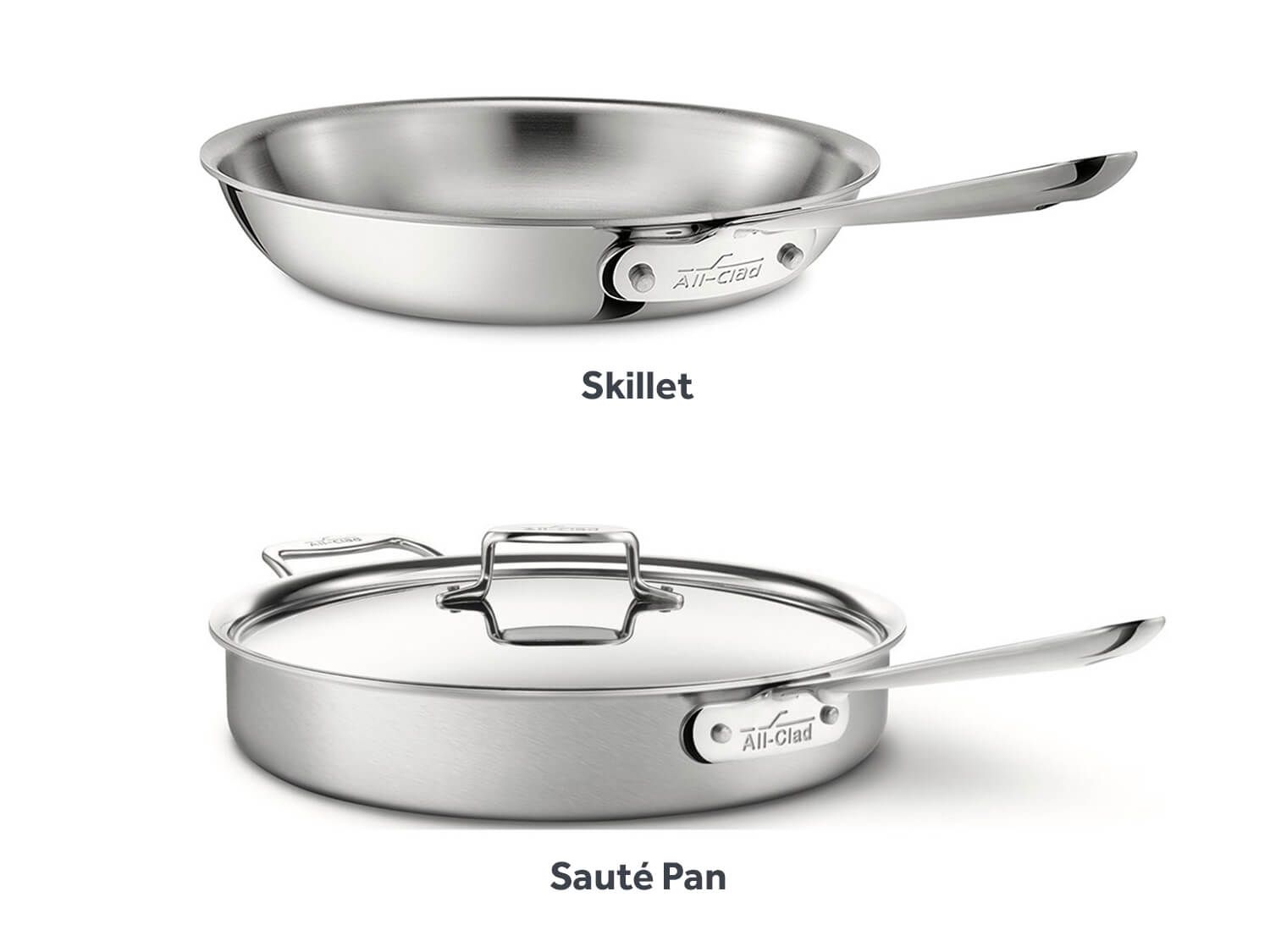 A split image with a silver All-Clad skillet on top and an All-Clad sauté pan on bottom. 
