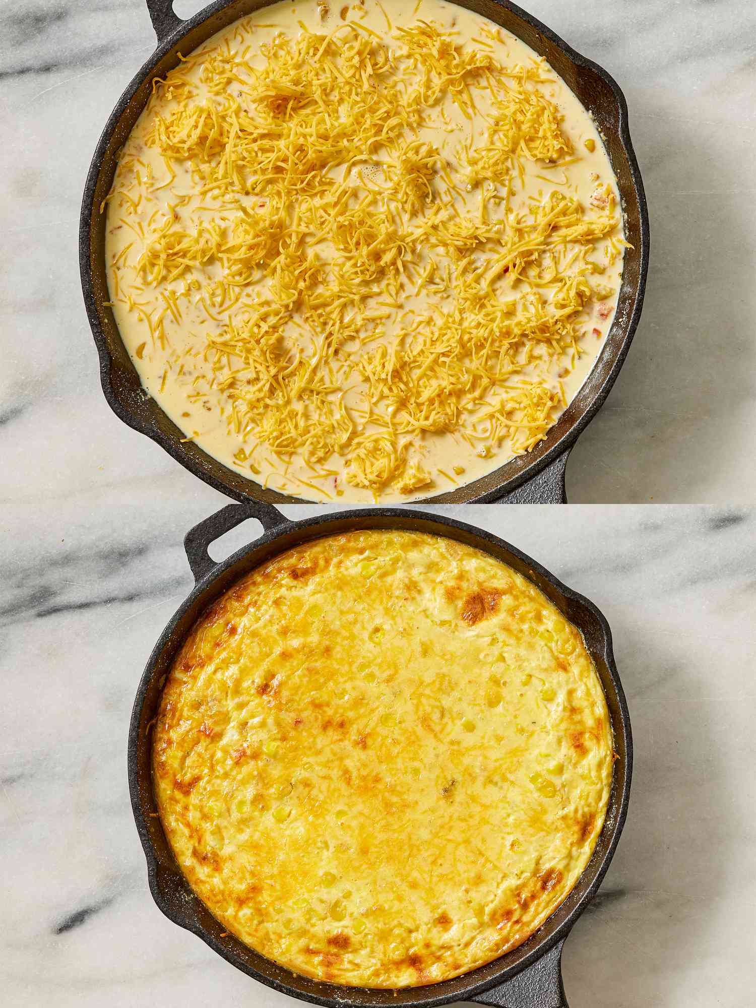 Overhead view of casserole before and after being baked