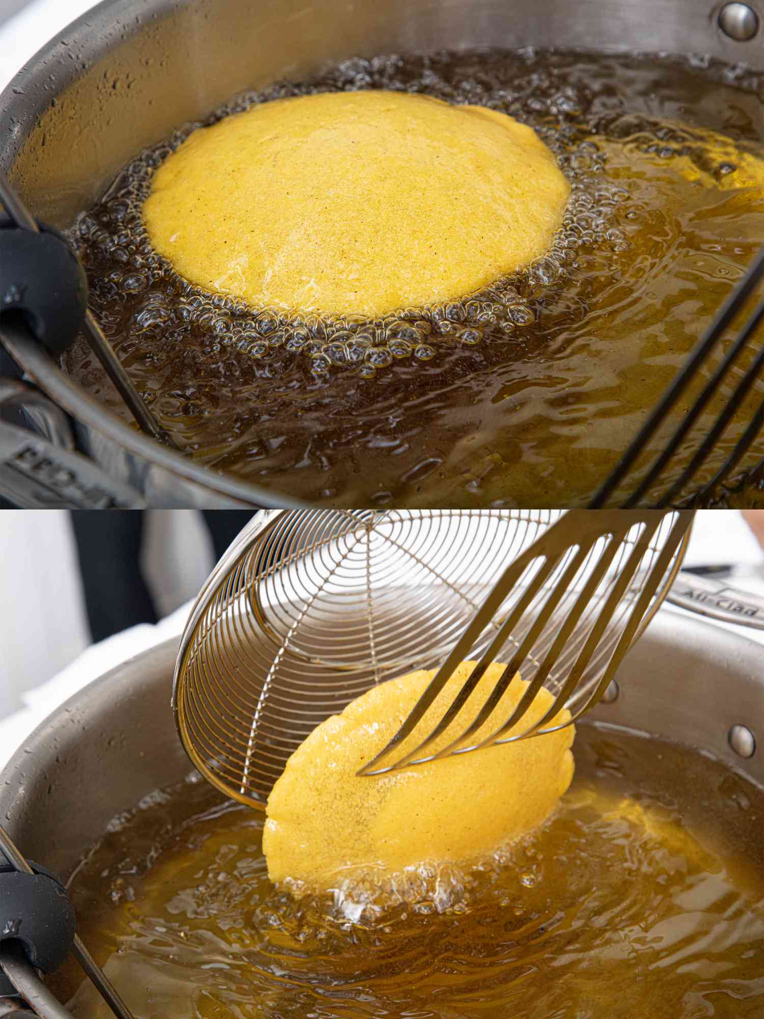 Two image collage of frying arepa