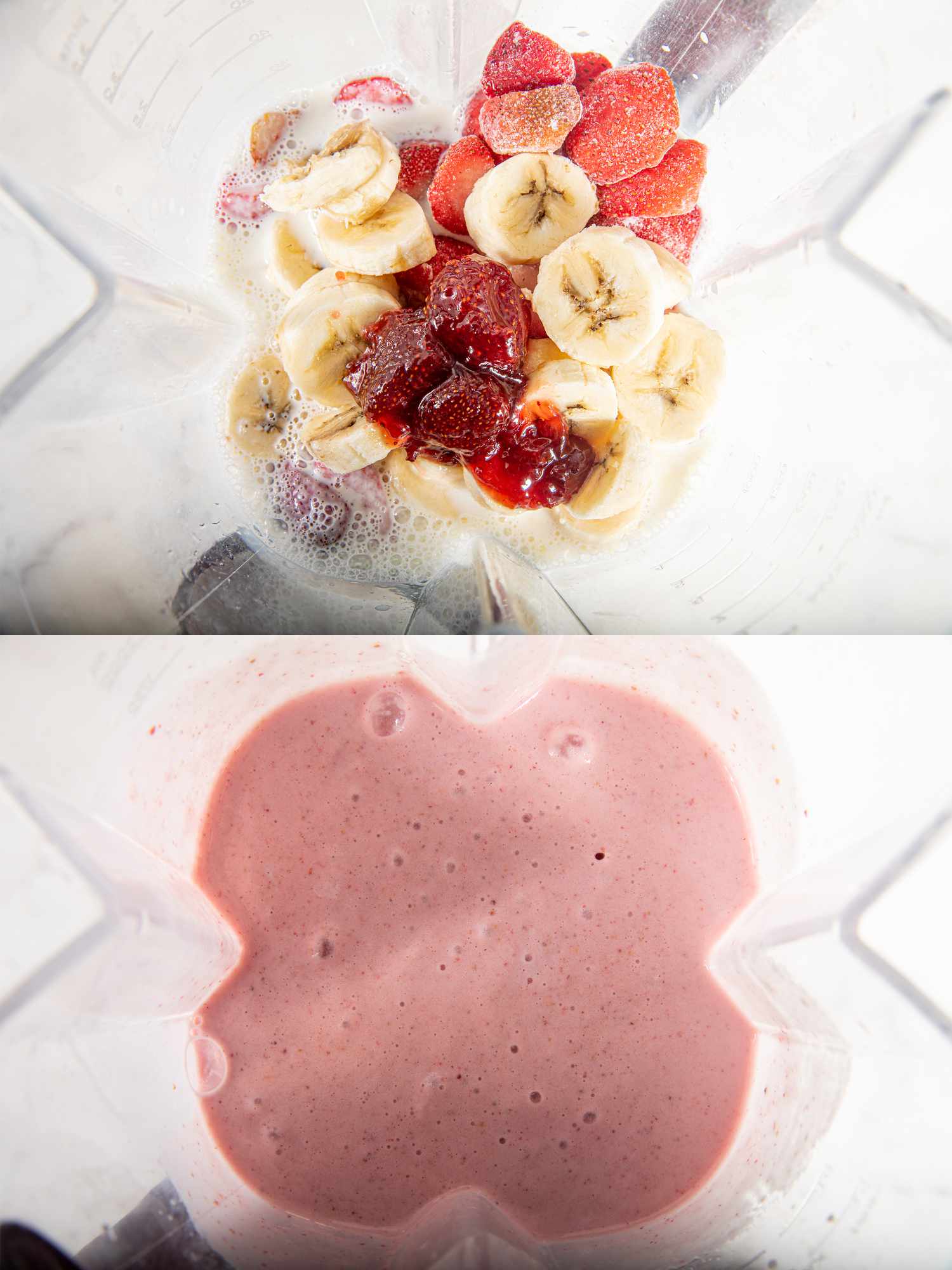 Two image collage of ingredients in a a blender before and after