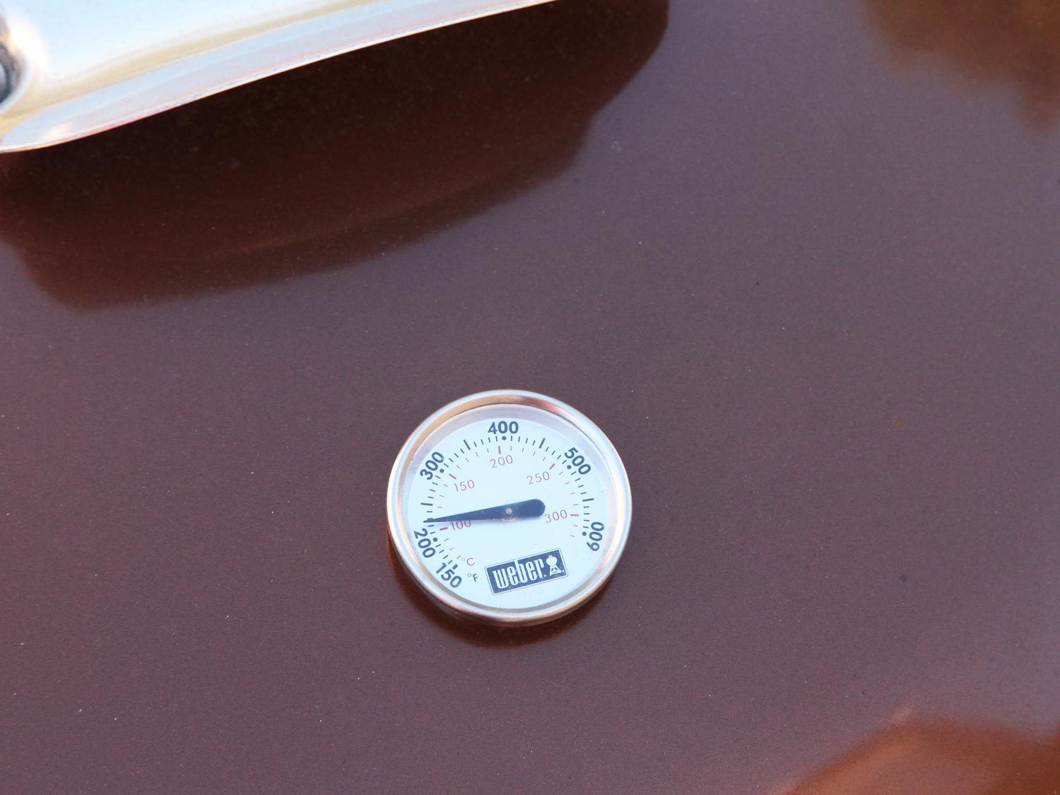 Temperature dial on a grill lid.