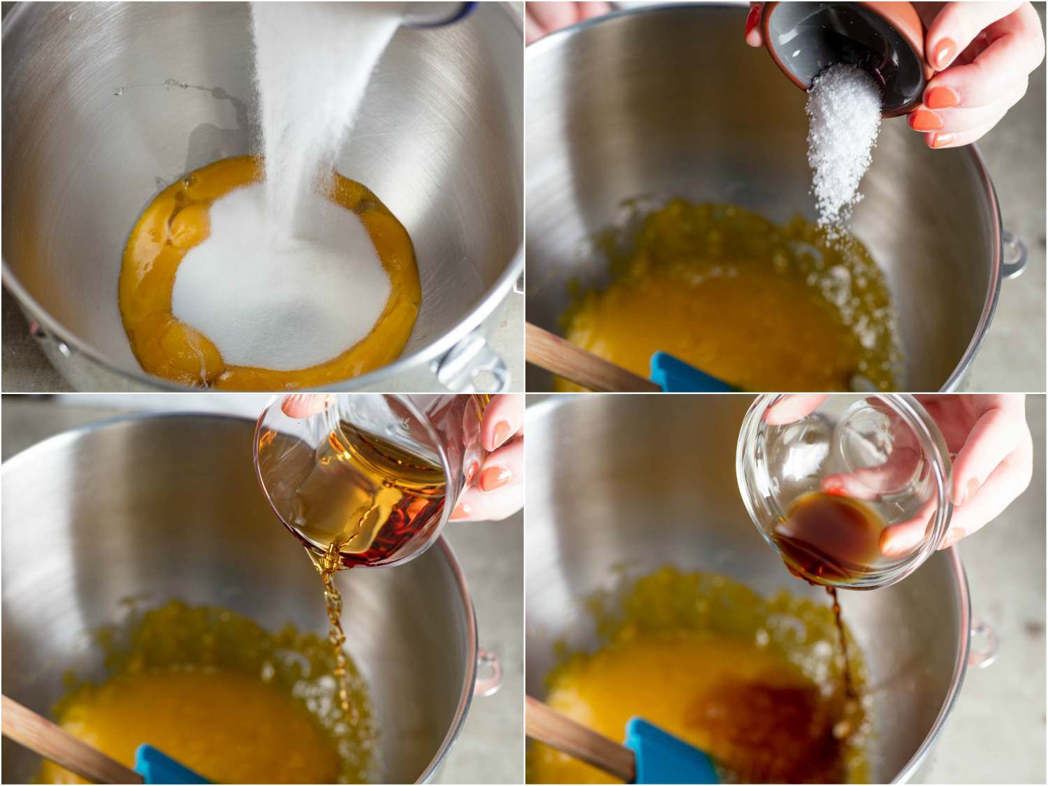 A 4-image collage of adding sugar to egg yolks, then salt, brandy, and vanilla.