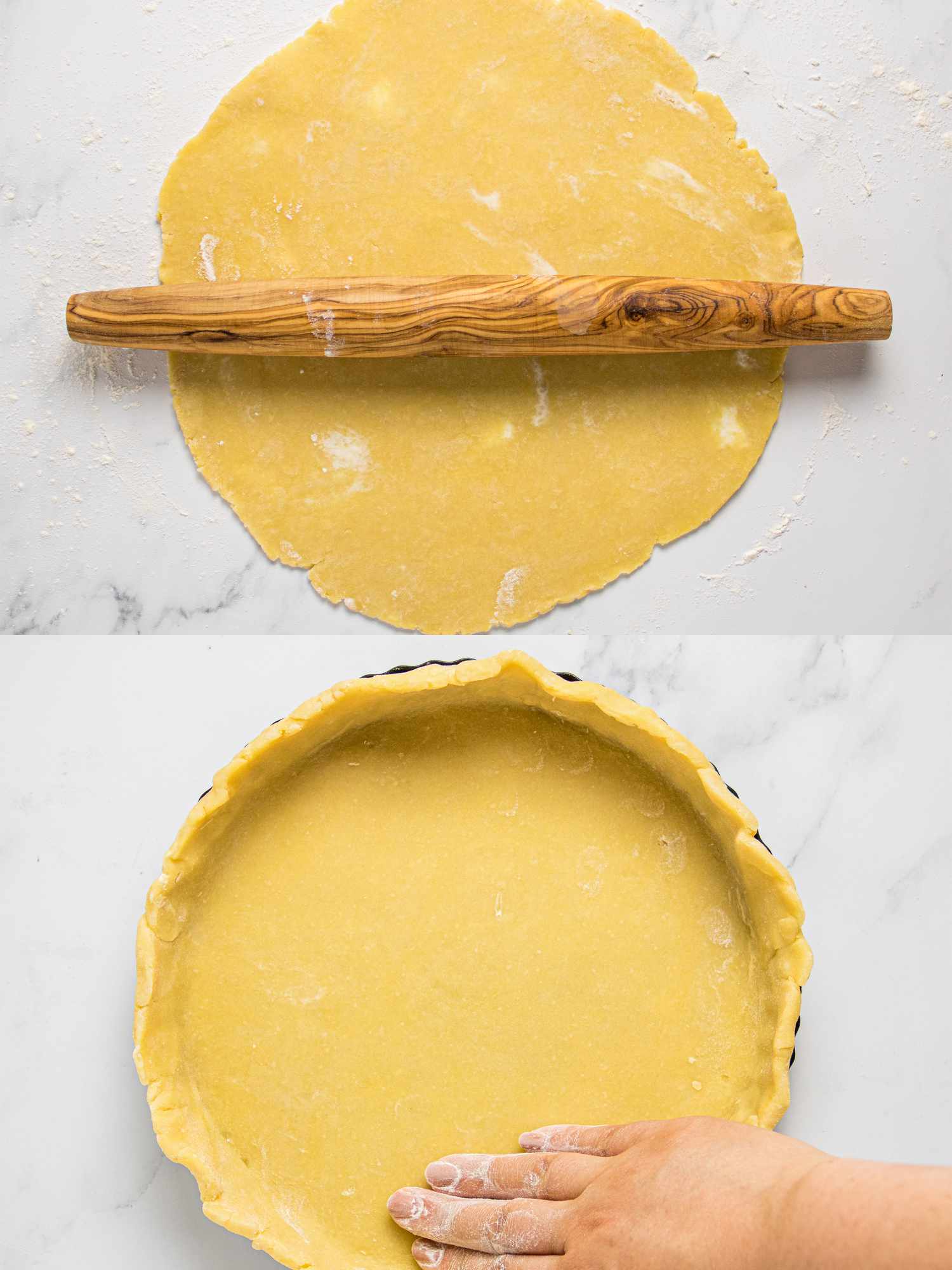 Two images showing a wooden rolling pin rolling dough and a hand pressing dough into a tart pan