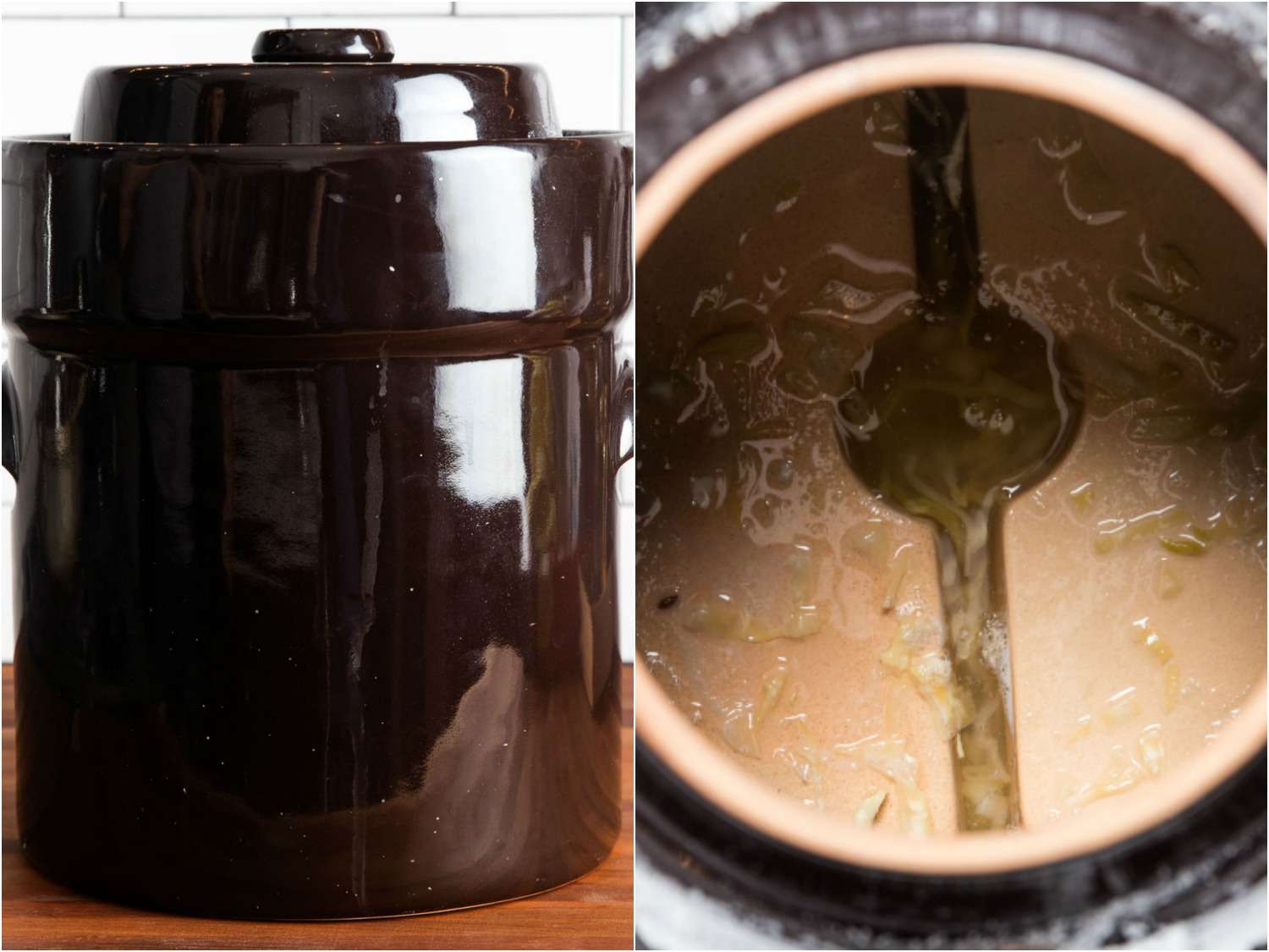 Two images depicting a ceramic fermentation crock with a water-sealed lid. The left image shows the crock in profile and the right image shows the interior from overhead. Submerged, shredded cabbage is visible beneath the semi-circular fermentation weights.