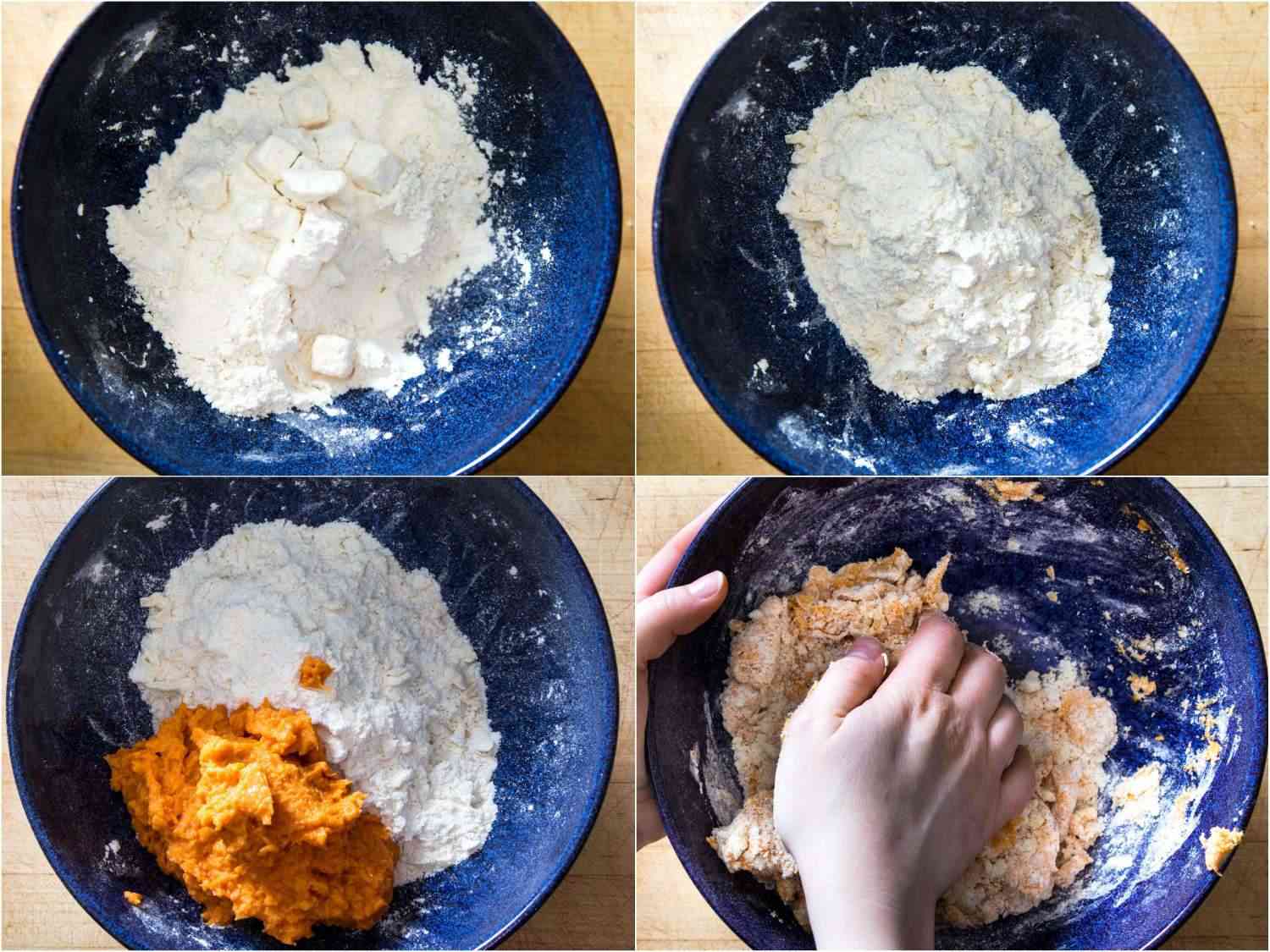 stages of mixing and forming sweet potato biscuit dough