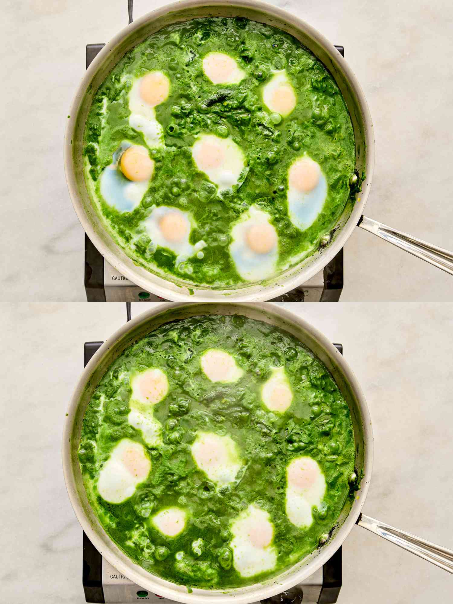 2 image collage. Top: eggs cracked into green shakshuka. Bottom: Eggs after cooked 3-6 minutes in skillet