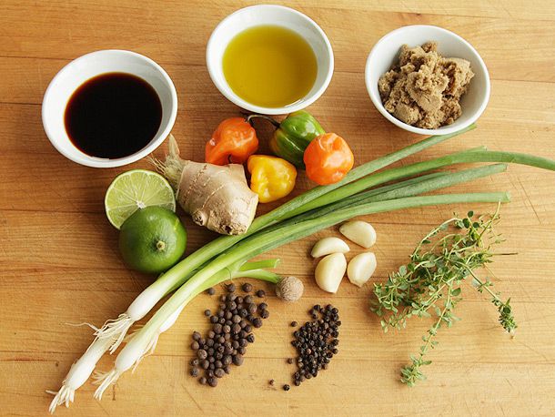 Overhead shot of assorted jerky chicken marinade ingredients