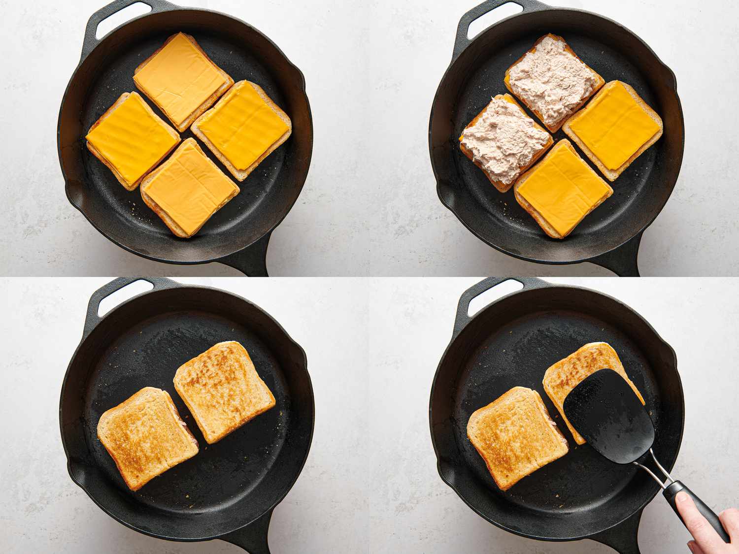 Various pictures of cheese on bread slices inside cast-iron skillet