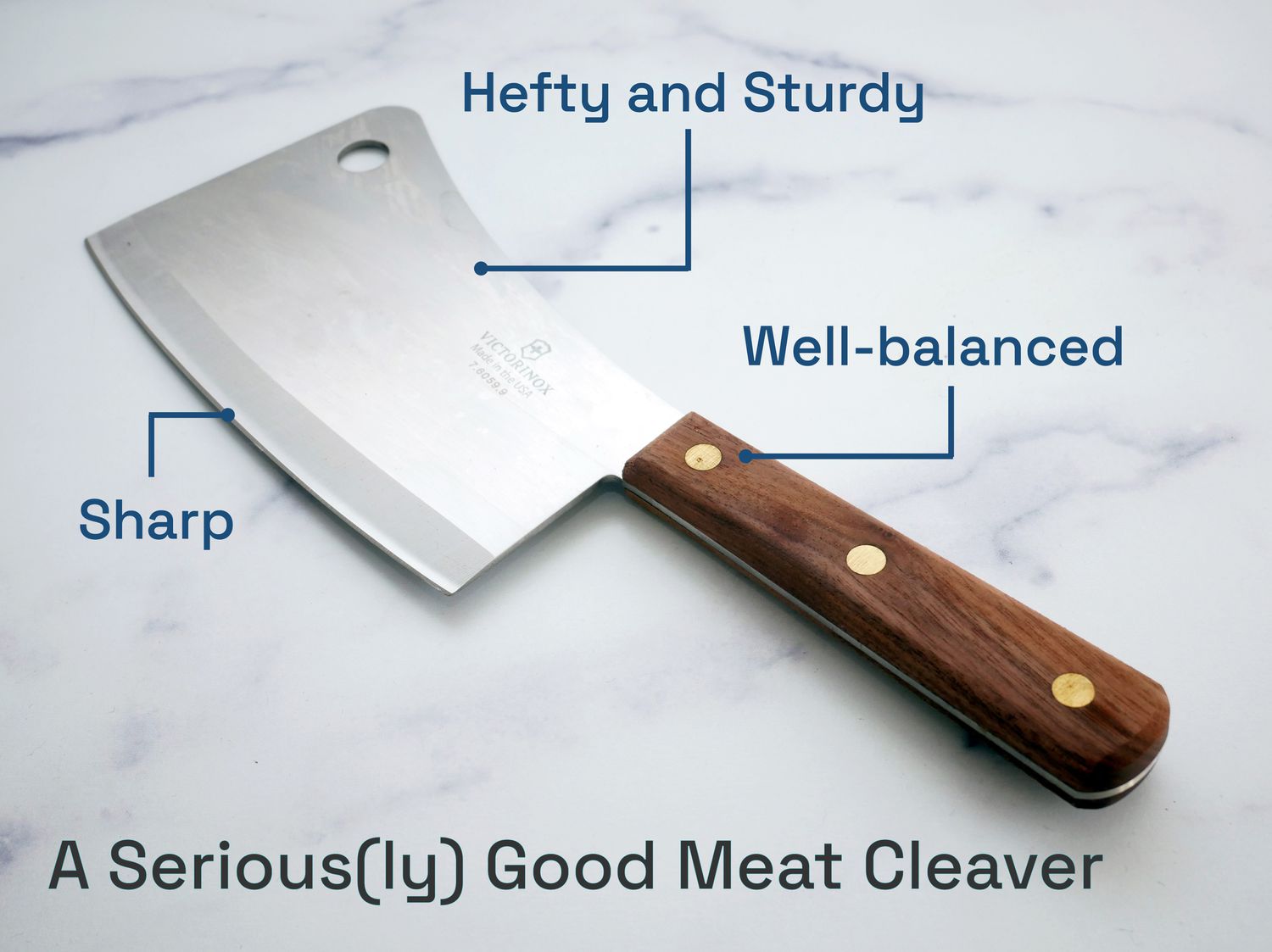 Victorinox 7" Blade Restaurant Cleaver With Walnut Handle with labels showing qualities: hefty and sturdy, well-balanced, sharp