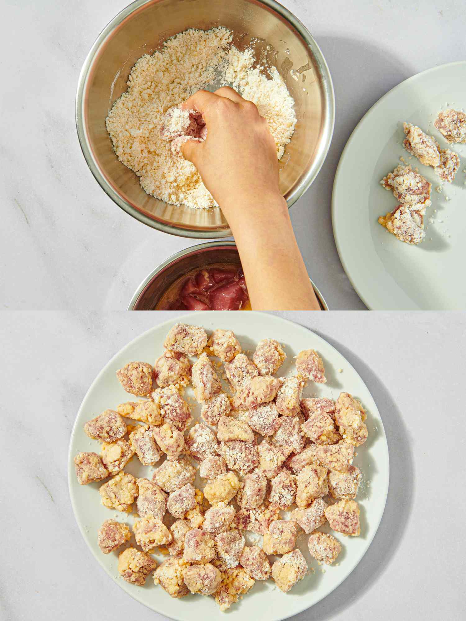 A hand breading small pieces of meat in a bowl with a plated arrangement of breaded meat pieces in a step of food preparation