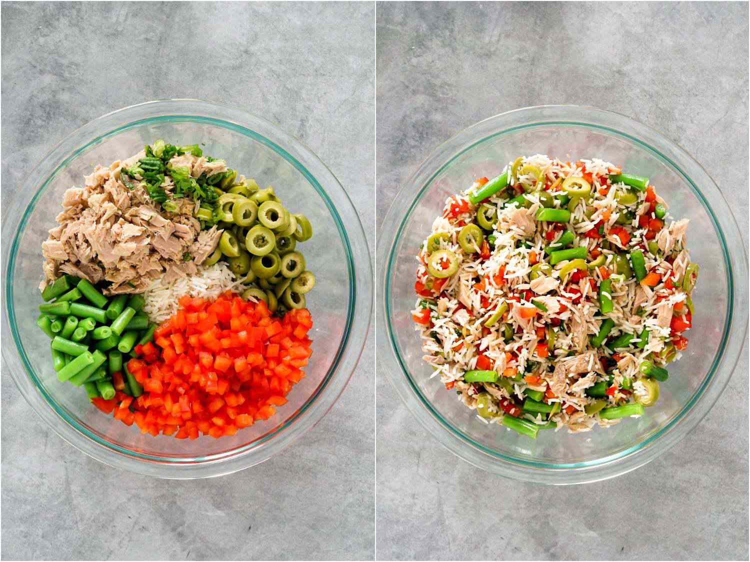 A two-image collage. The left image shows the ingredients for the rice salad in a bowl, with all of the ingredients in distinct piles next to each other. The right image shows the ingredients now fully mixed in the bowl.