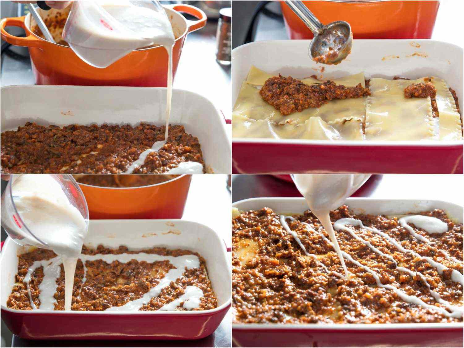 A collage of assembling vegan lasagna: layering bechamel sauce, noodle sheet, and vegan ragu, drizzling bechamel sauce on the final layer.