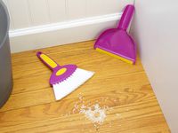 the cadet home broom and dustpan set on a wooden floor with spilled rice