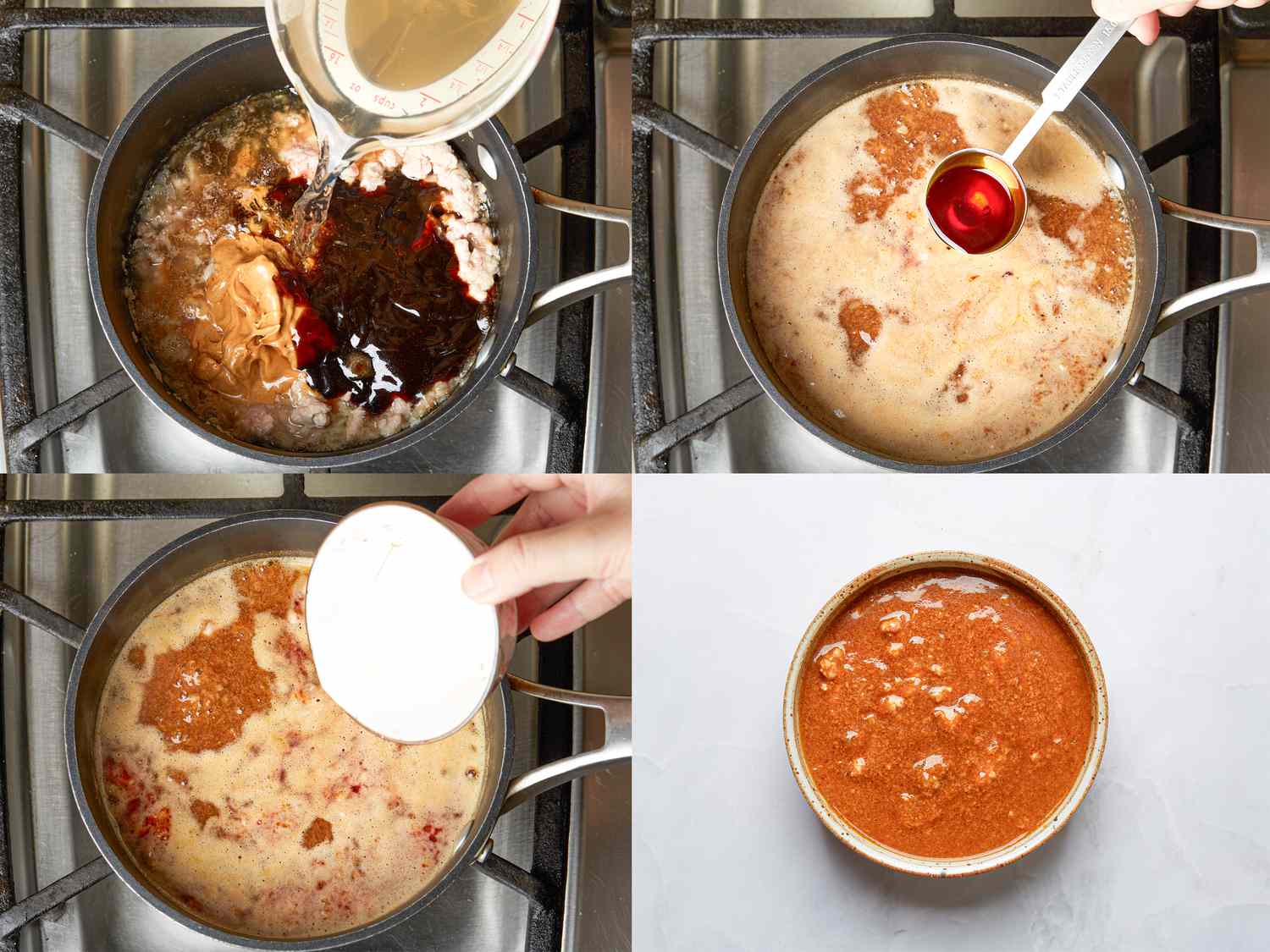 Four image collage of adding peanut butter, annatto oil, cornstarch slurry to peanut sauce an finished in a small bowl